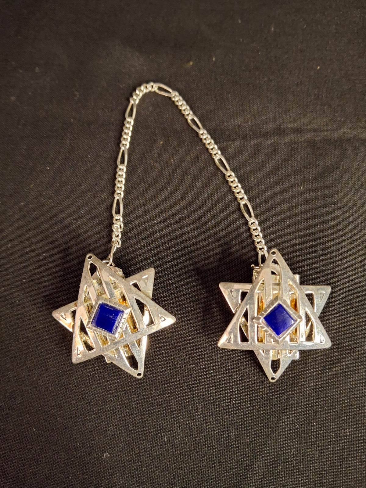 Vintage Star of David Tallit Clips Made in USA Silver Plate Blue Stone Prayer Shawl