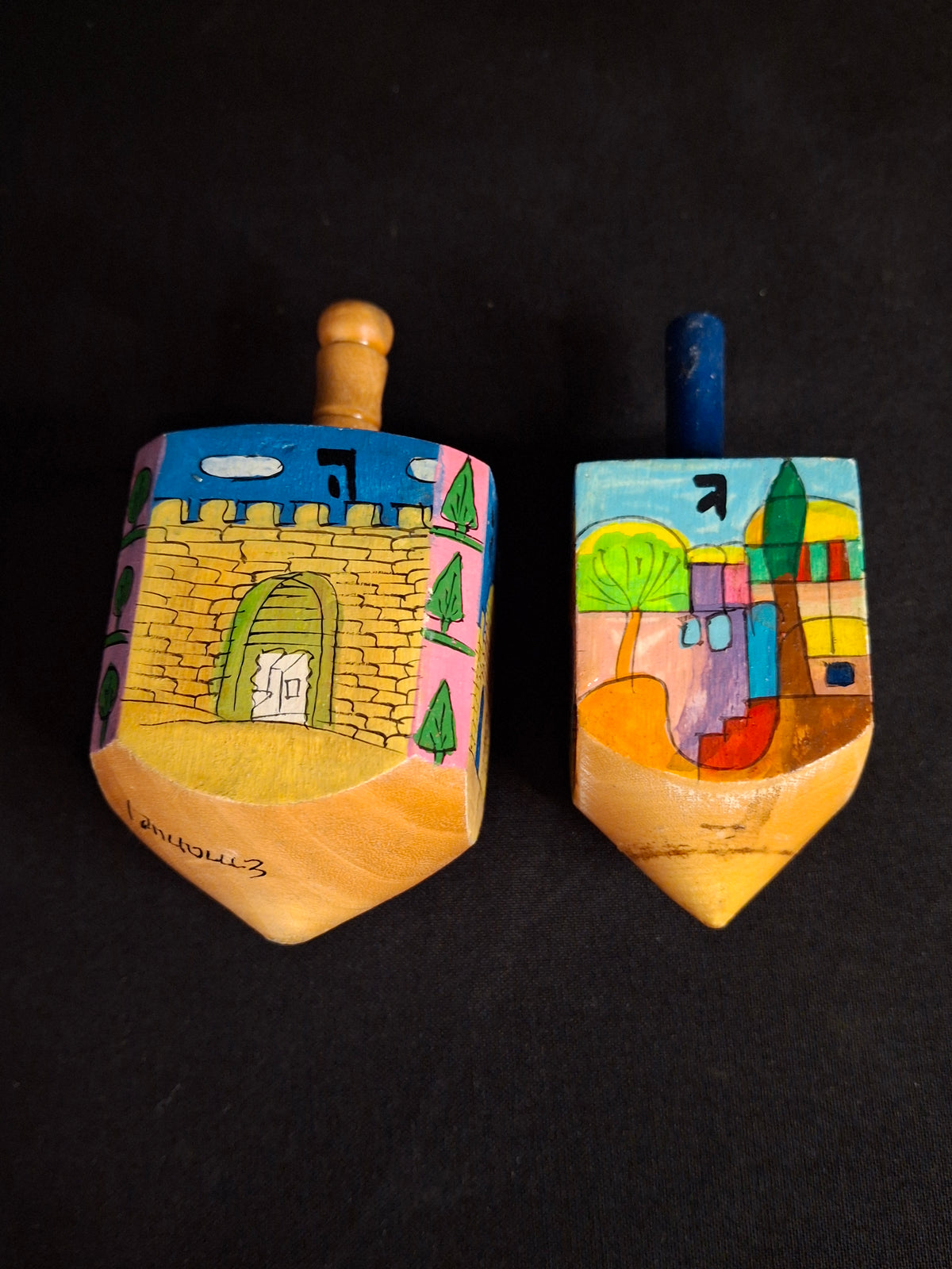 Vintage Yair Emanuel Hand Painted Wood Jerusalem Dreidels Set with Stands Signed