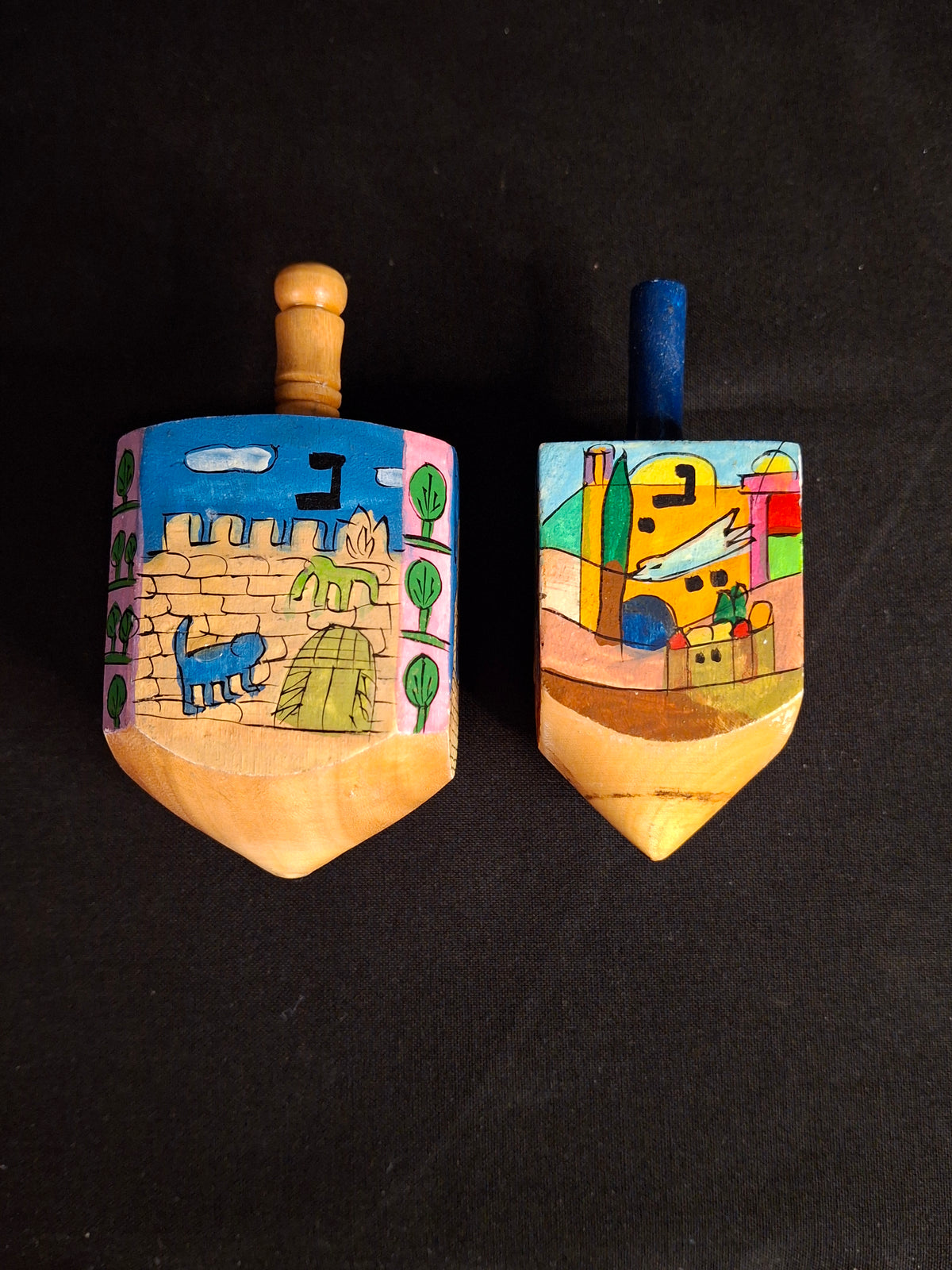 Vintage Yair Emanuel Hand Painted Wood Jerusalem Dreidels Set with Stands Signed
