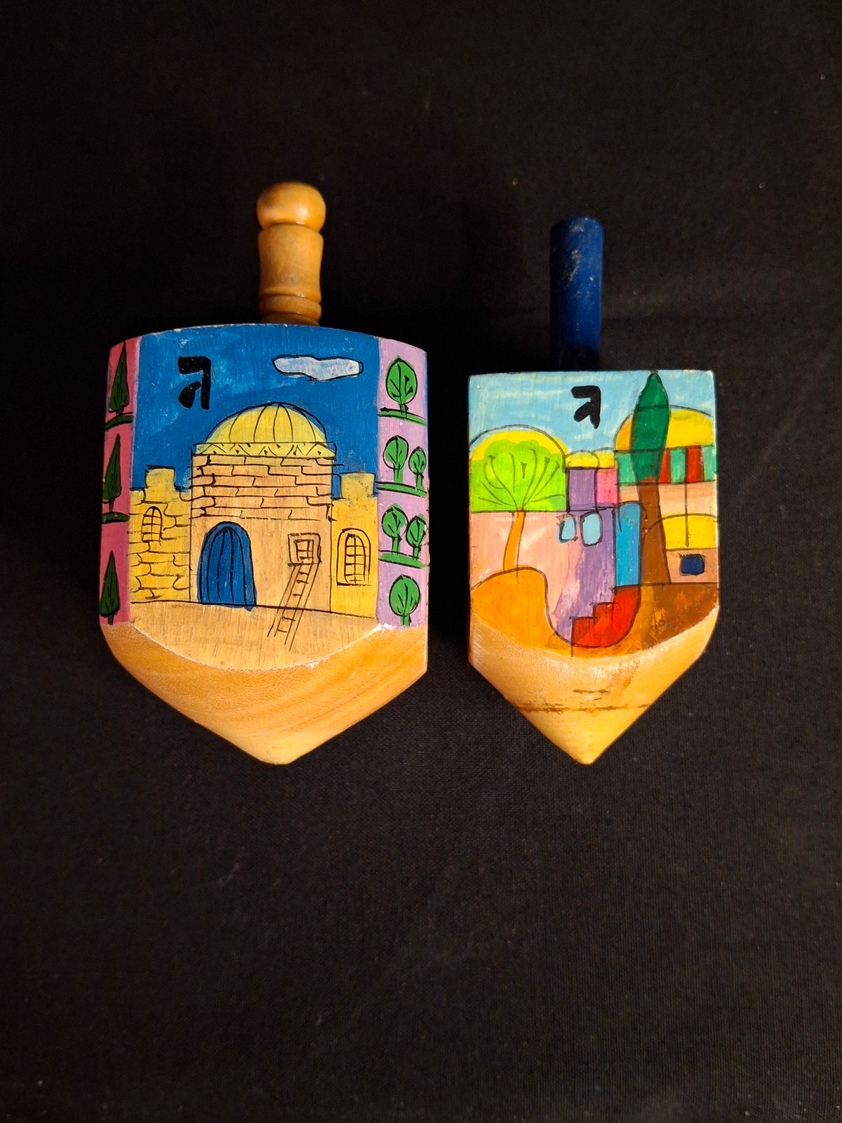 Vintage Yair Emanuel Hand Painted Wood Jerusalem Dreidels Set with Stands Signed