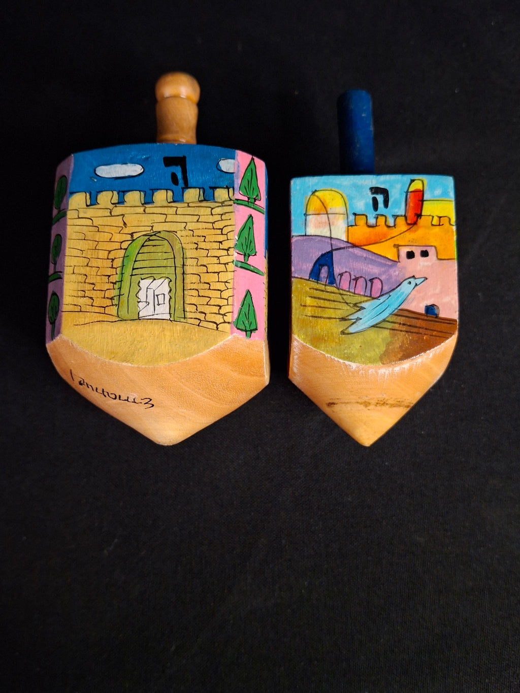 Vintage Yair Emanuel Hand Painted Wood Jerusalem Dreidels Set with Stands Signed