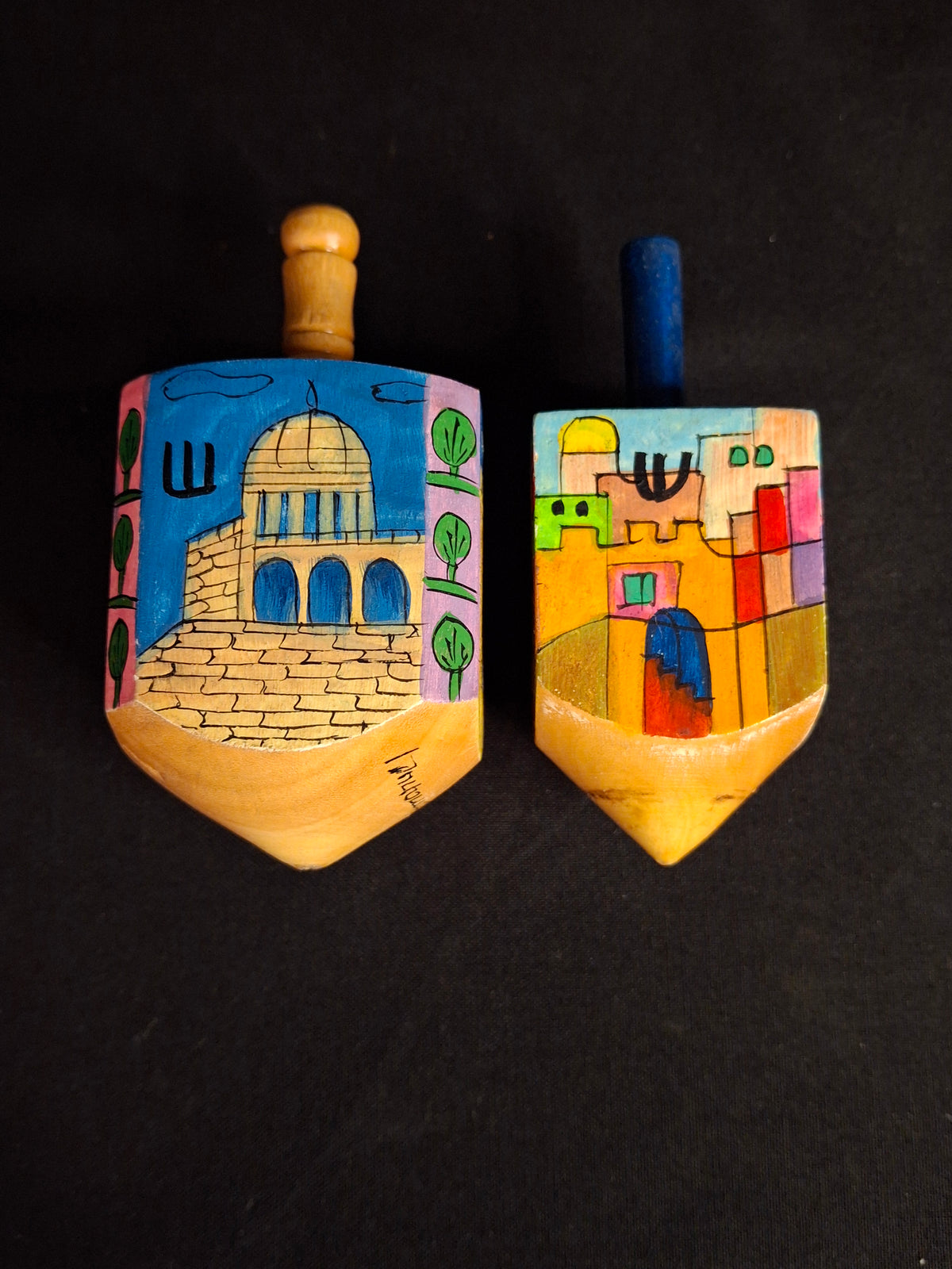 Vintage Yair Emanuel Hand Painted Wood Jerusalem Dreidels Set with Stands Signed