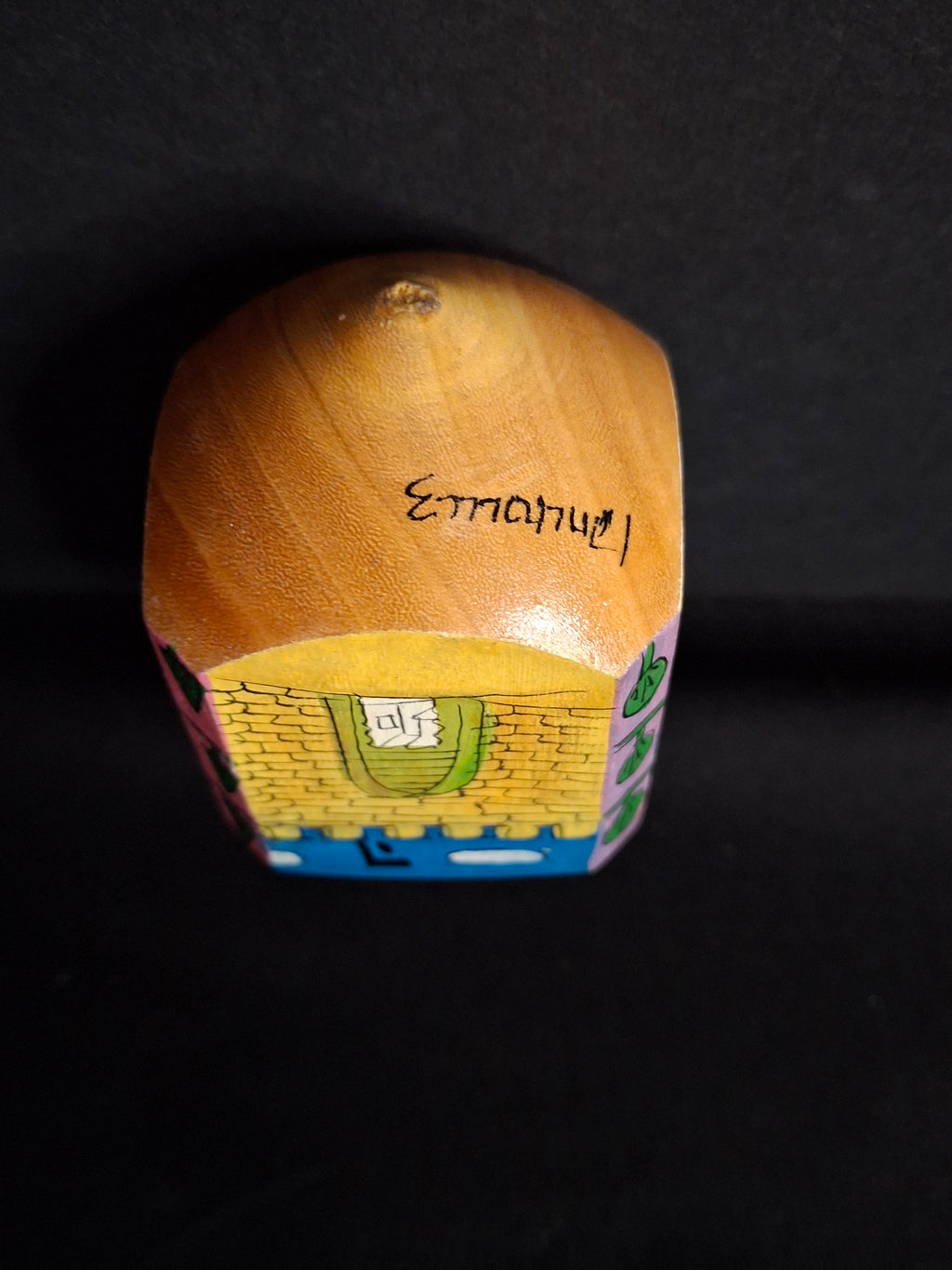 Vintage Yair Emanuel Hand Painted Wood Jerusalem Dreidels Set with Stands Signed