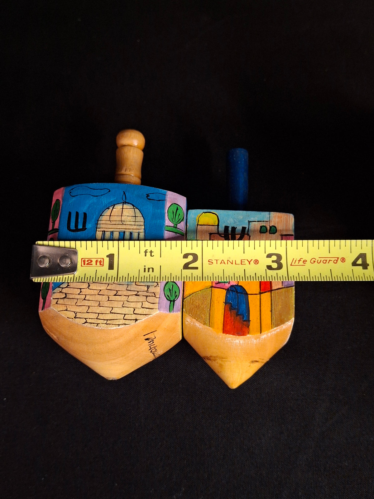 Vintage Yair Emanuel Hand Painted Wood Jerusalem Dreidels Set with Stands Signed