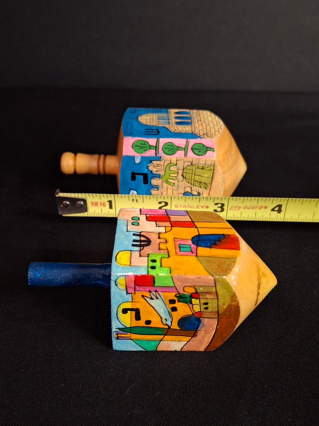 Vintage Yair Emanuel Hand Painted Wood Jerusalem Dreidels Set with Stands Signed