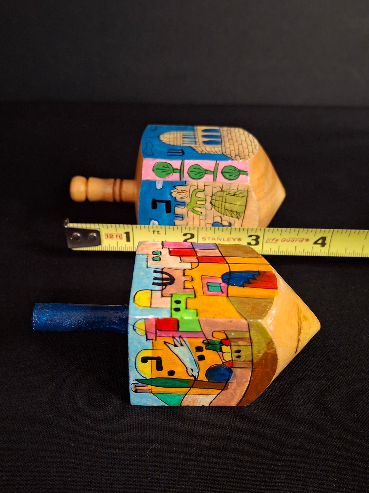 Vintage Yair Emanuel Hand Painted Wood Jerusalem Dreidels Set with Stands Signed