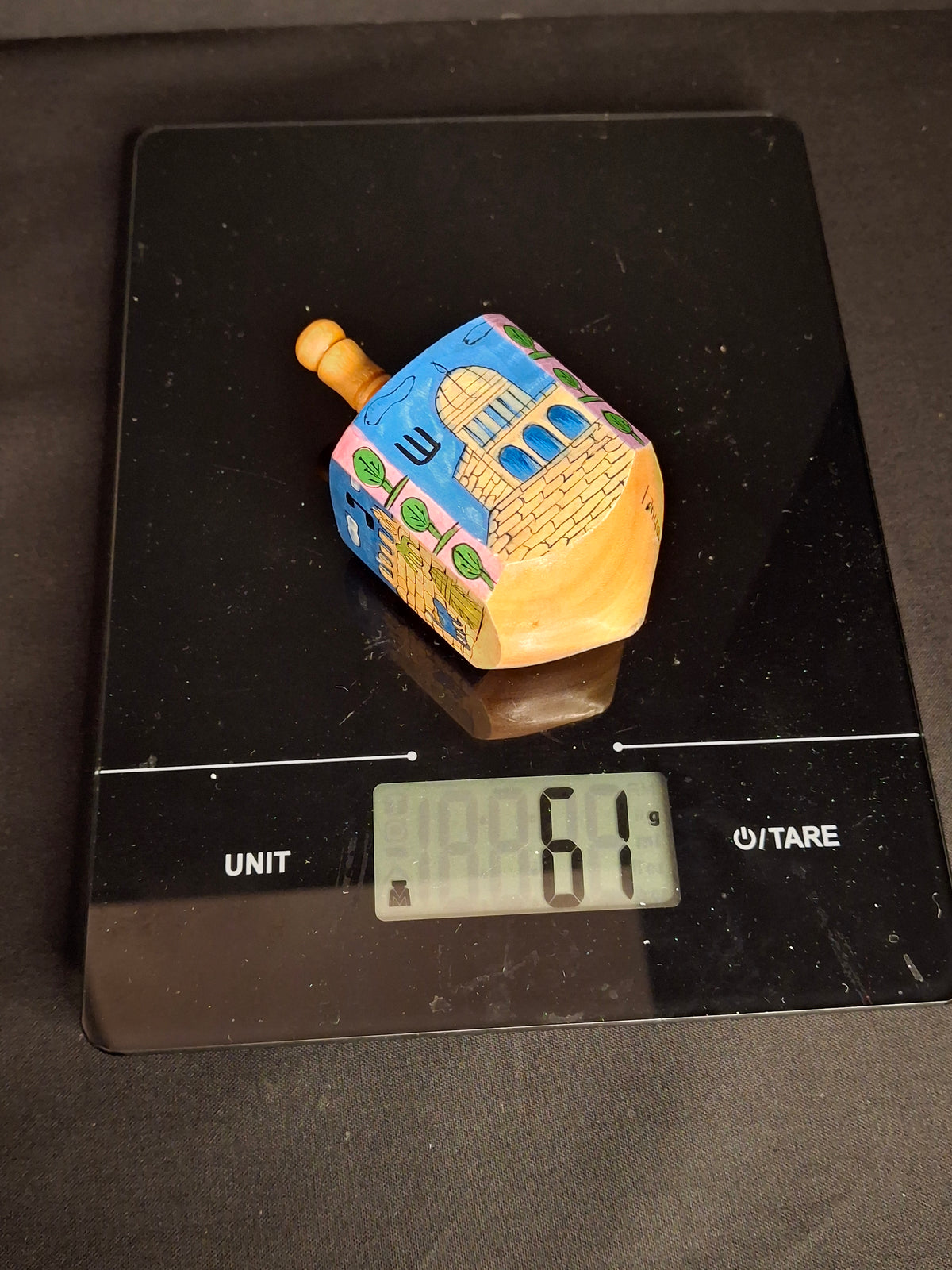 Vintage Yair Emanuel Hand Painted Wood Jerusalem Dreidels Set with Stands Signed