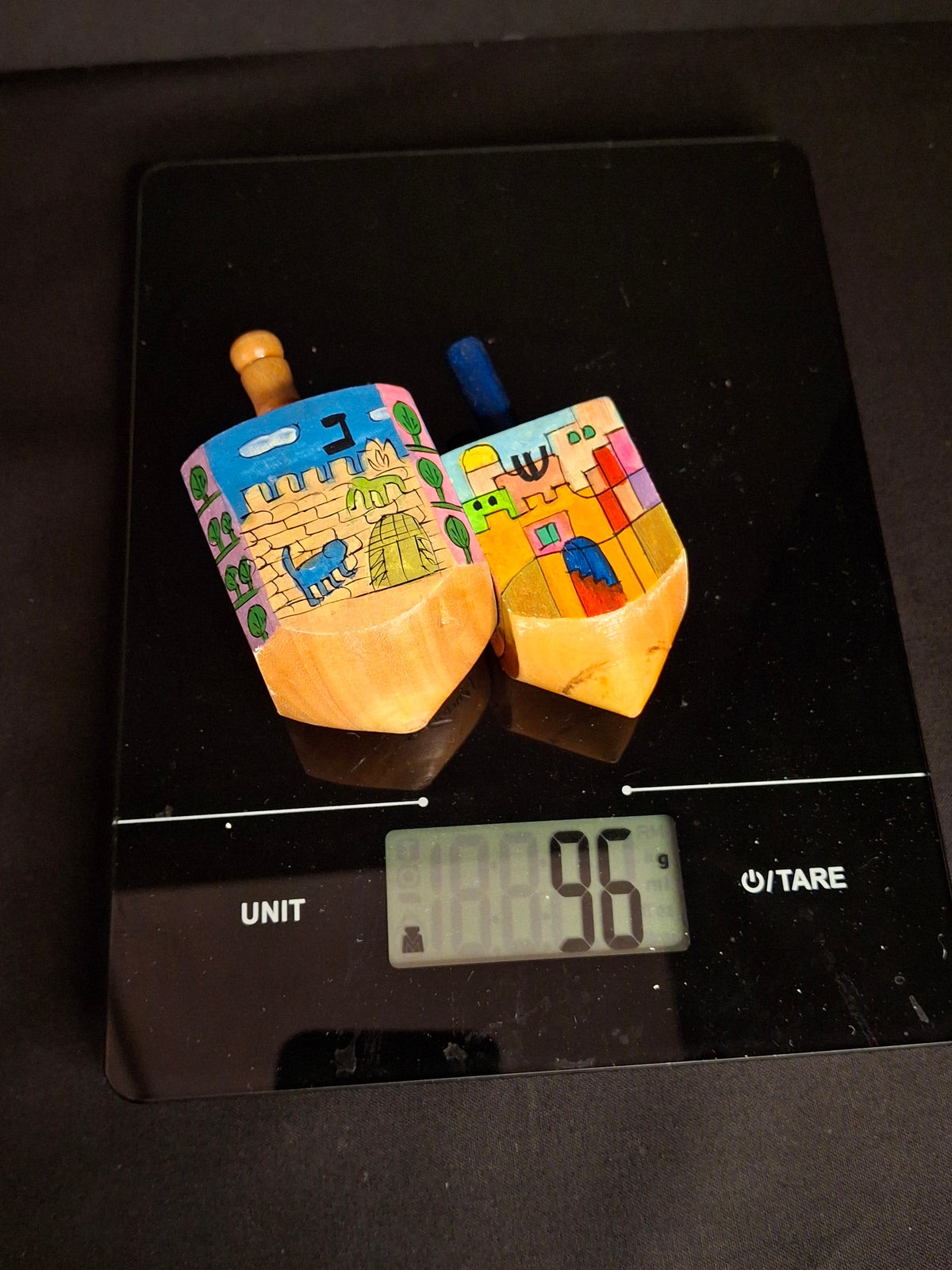 Vintage Yair Emanuel Hand Painted Wood Jerusalem Dreidels Set with Stands Signed