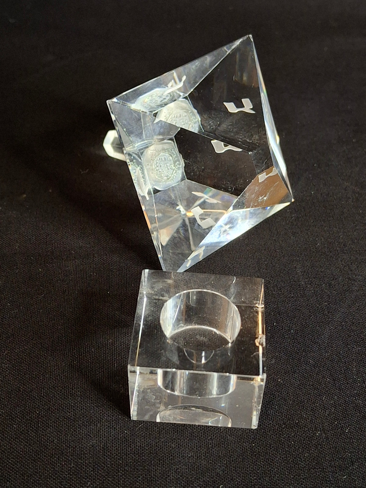 Vintage Faceted Cut Clear Crystal Hanukkah Dreidel Top with Matching Stand