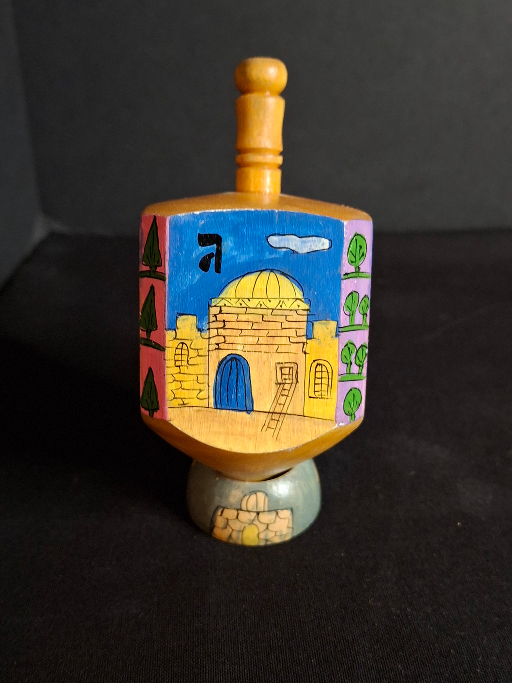 Vintage Yair Emanuel Hand Painted Wood Jerusalem Dreidels Set with Stands Signed