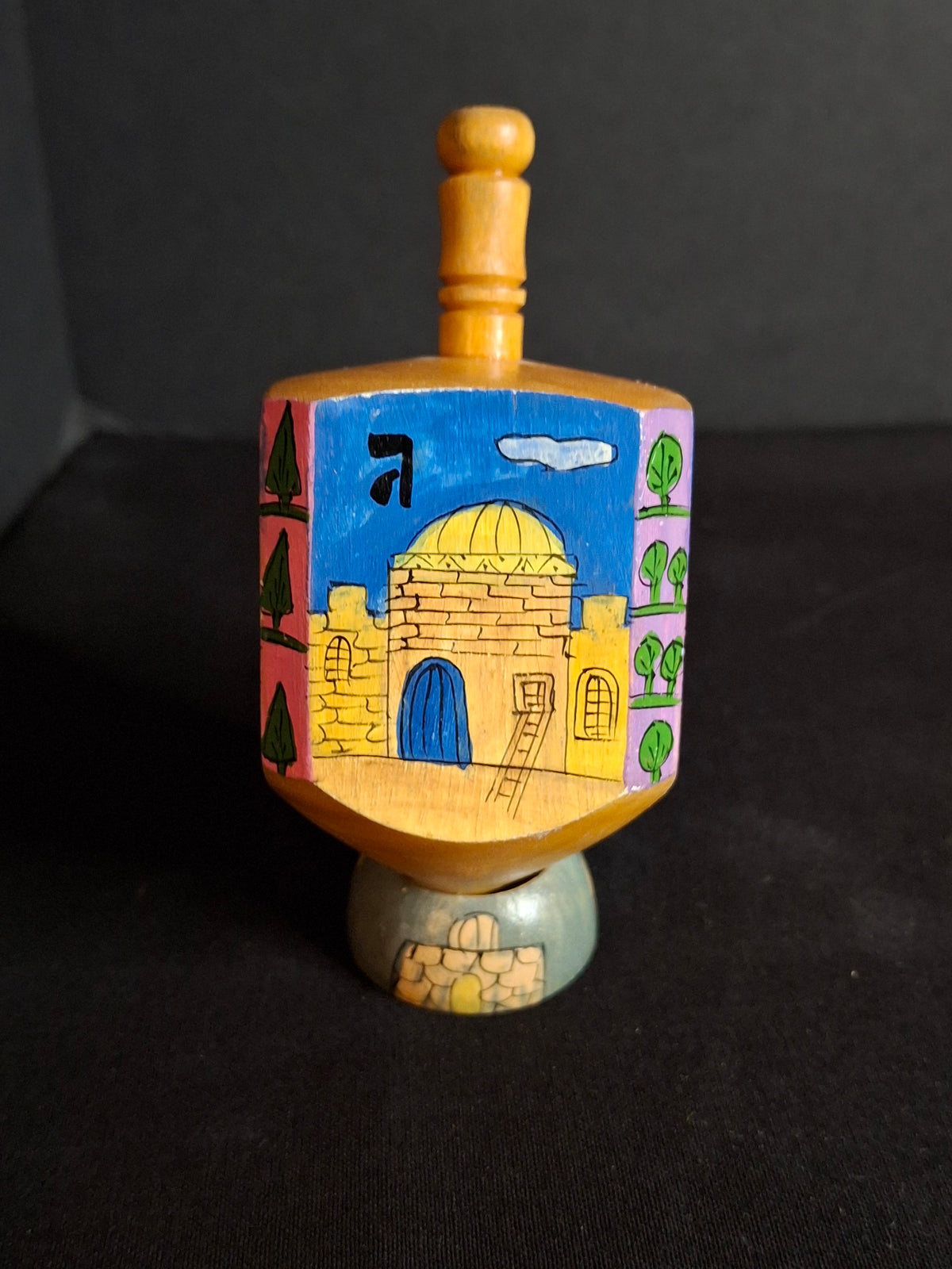 Vintage Yair Emanuel Hand Painted Wood Jerusalem Dreidels Set with Stands Signed