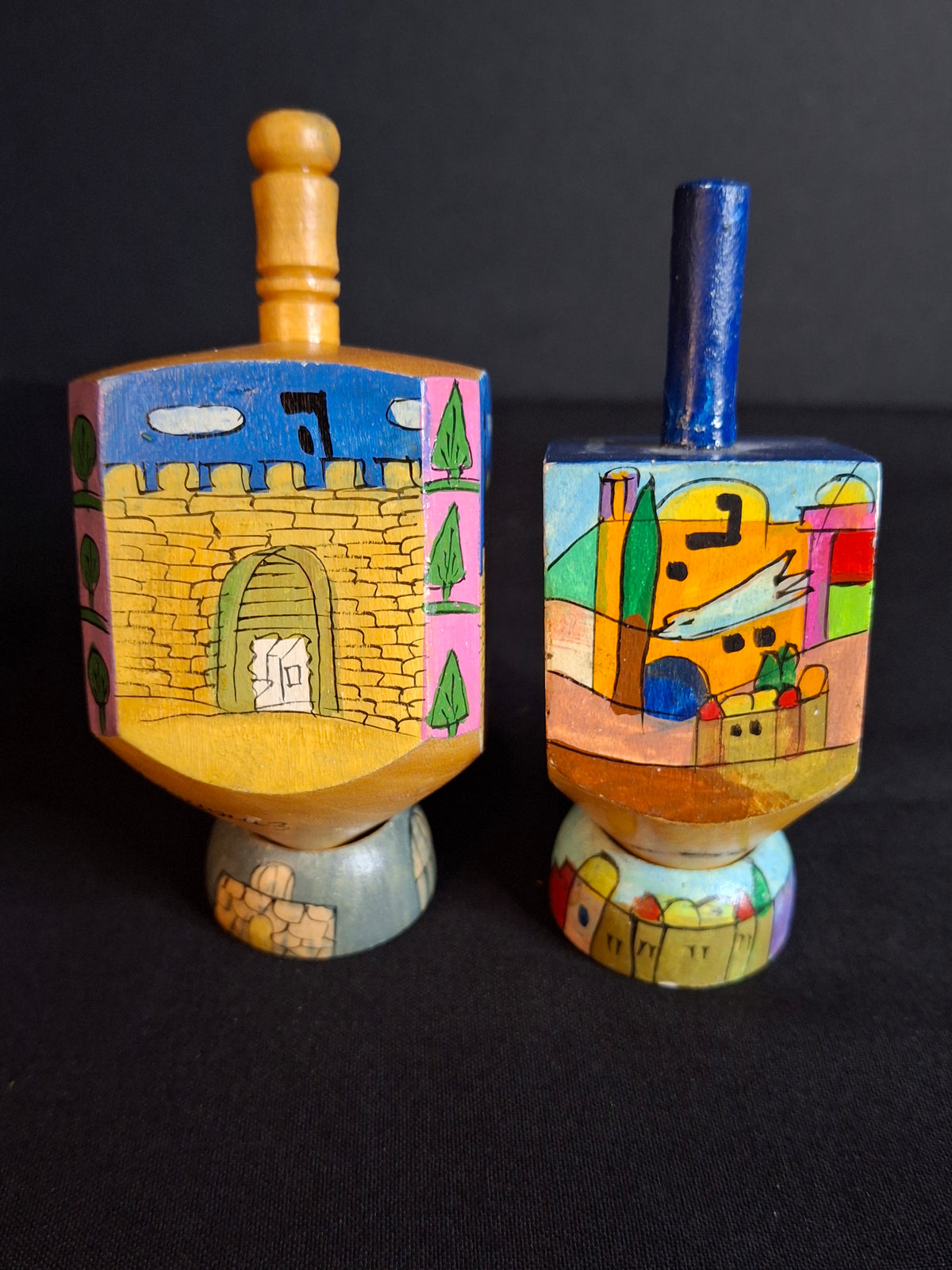 Vintage Yair Emanuel Hand Painted Wood Jerusalem Dreidels Set with Stands Signed