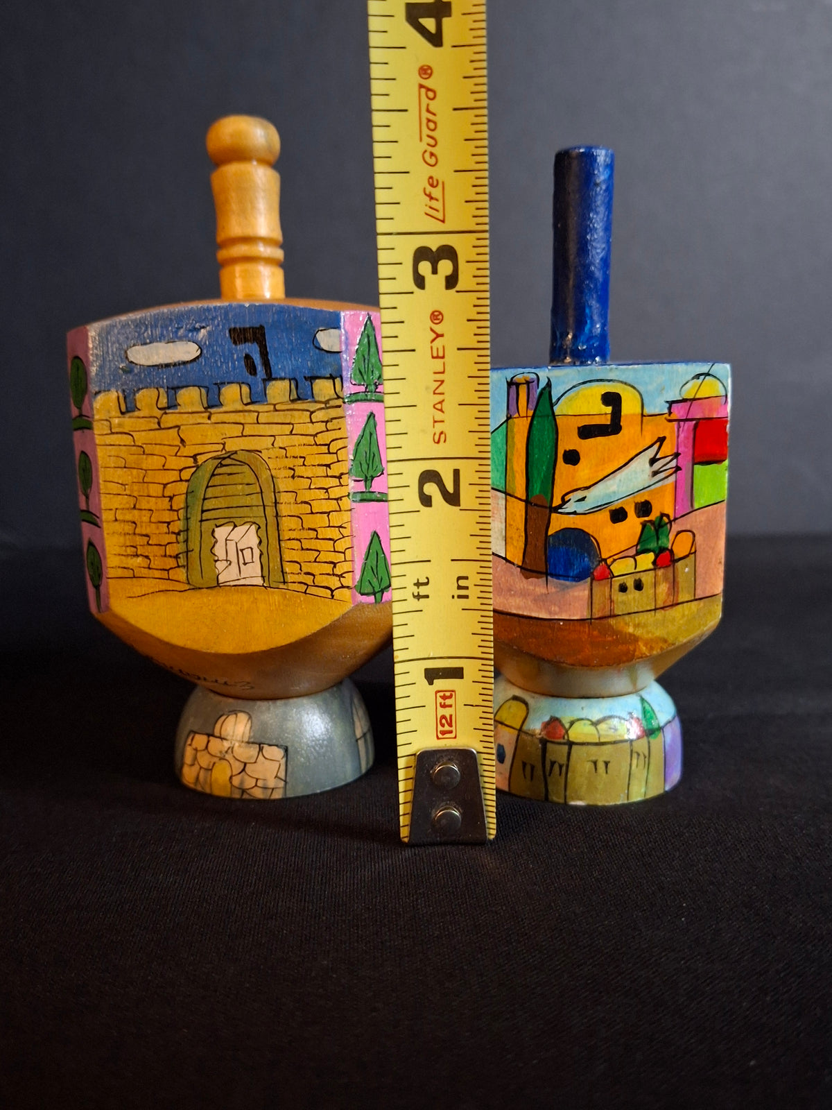 Vintage Yair Emanuel Hand Painted Wood Jerusalem Dreidels Set with Stands Signed