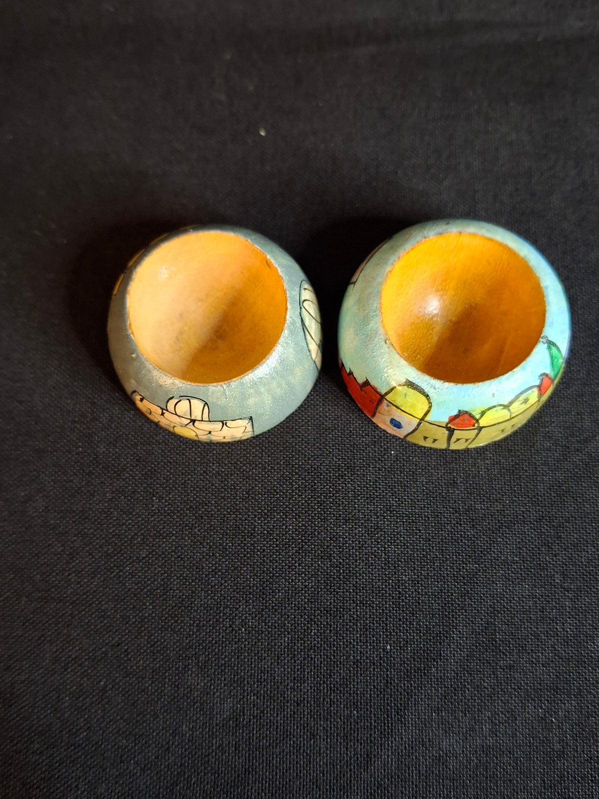 Vintage Yair Emanuel Hand Painted Wood Jerusalem Dreidels Set with Stands Signed