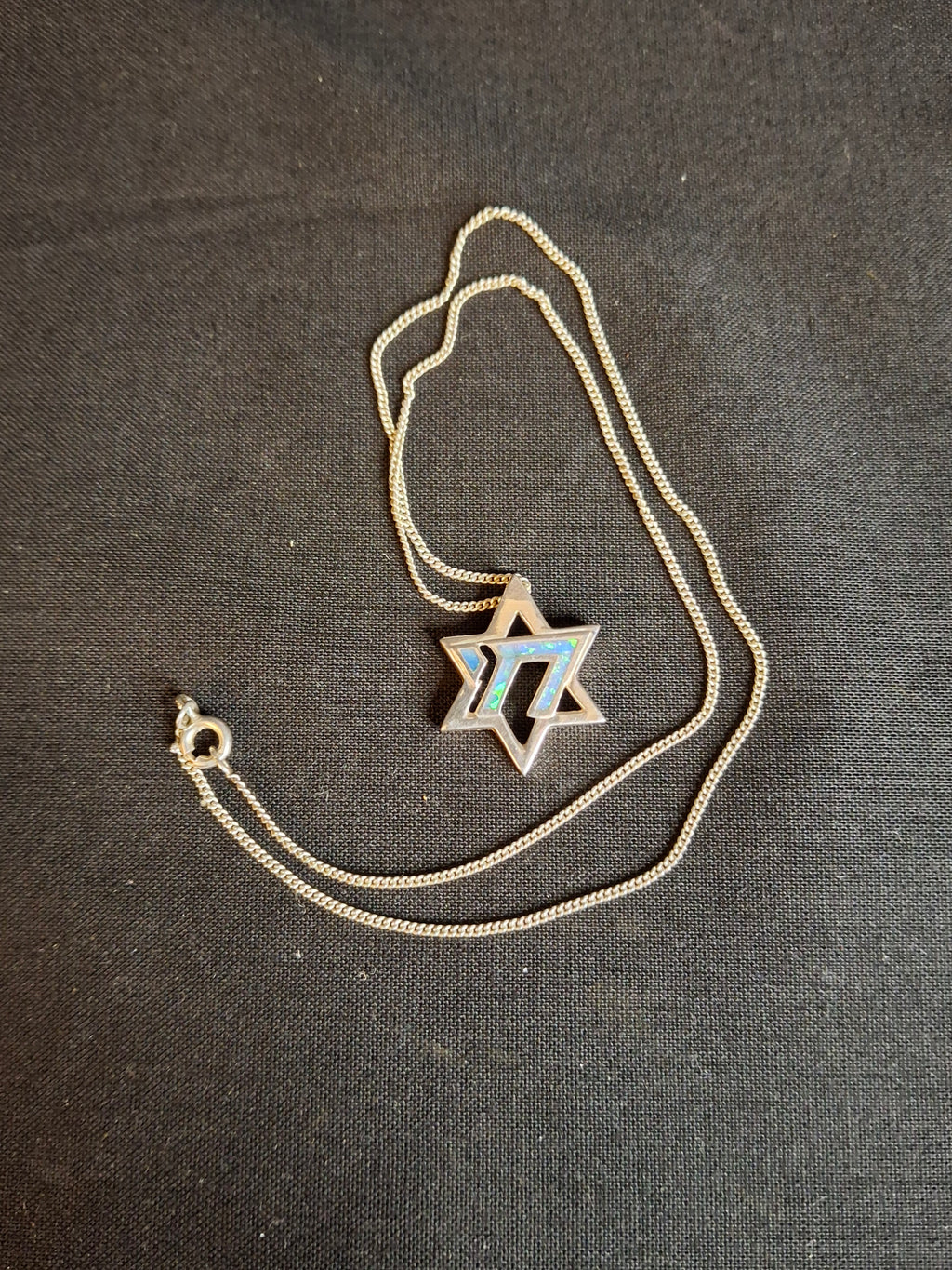 Vintage 925 Sterling Silver Blue Opal Star of David Chai Pendant Necklace 8.5"