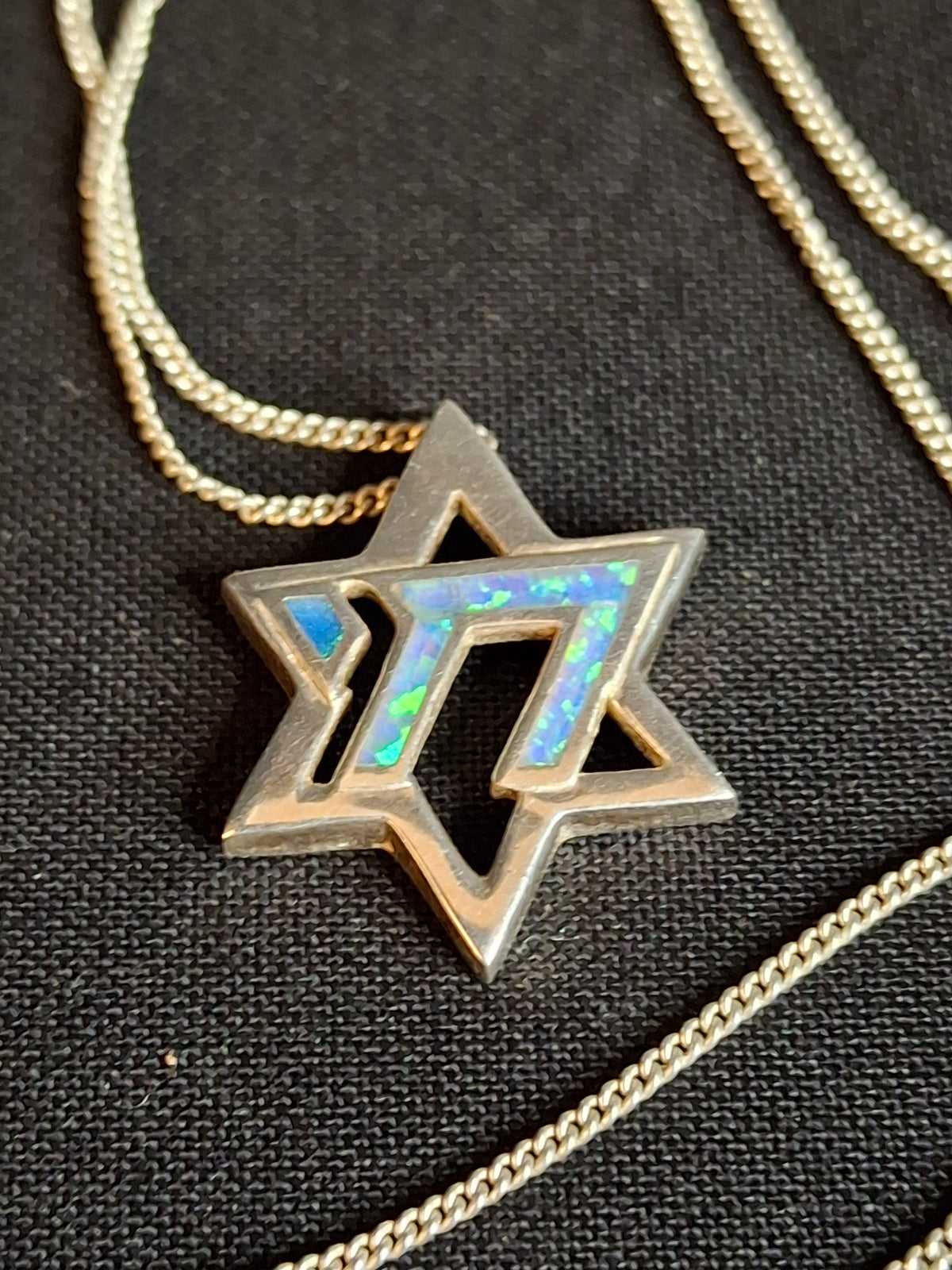 Vintage 925 Sterling Silver Blue Opal Star of David Chai Pendant Necklace 8.5"