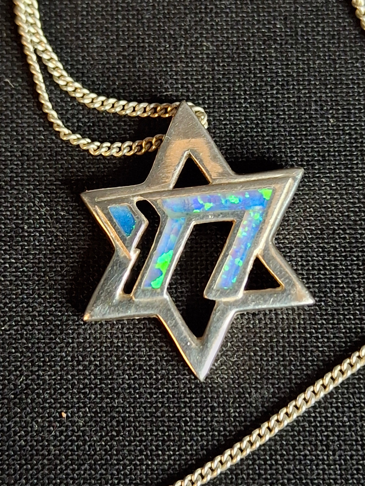Vintage 925 Sterling Silver Blue Opal Star of David Chai Pendant Necklace 8.5"