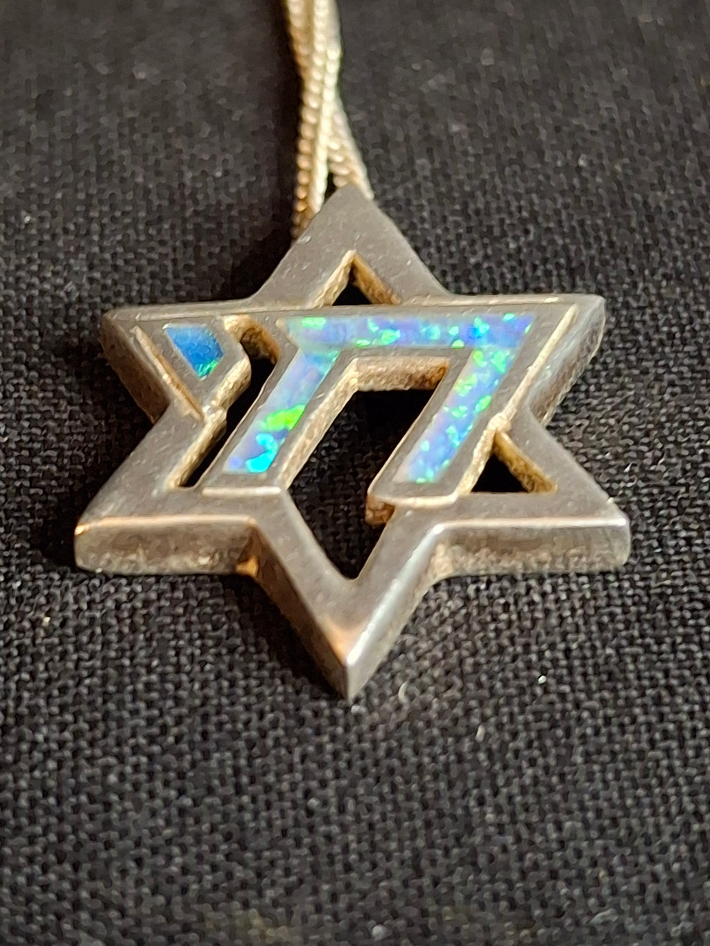 Vintage 925 Sterling Silver Blue Opal Star of David Chai Pendant Necklace 8.5"