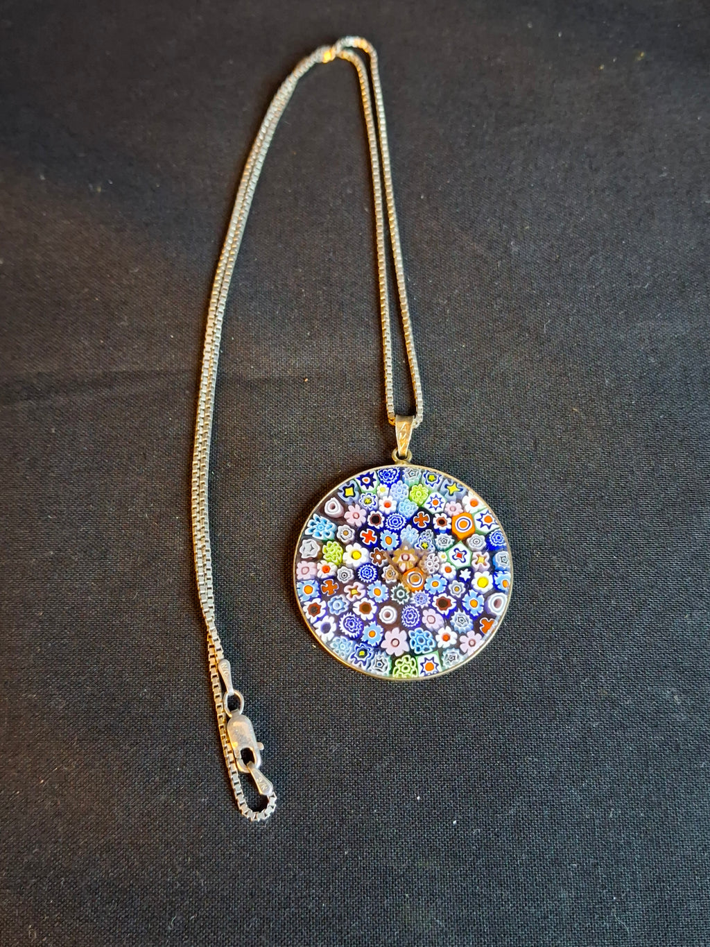 Vintage Venetian Murano Glass Millefiori Magen David Pendant 925 Sterling Silver Box Chain Necklace Judaica
