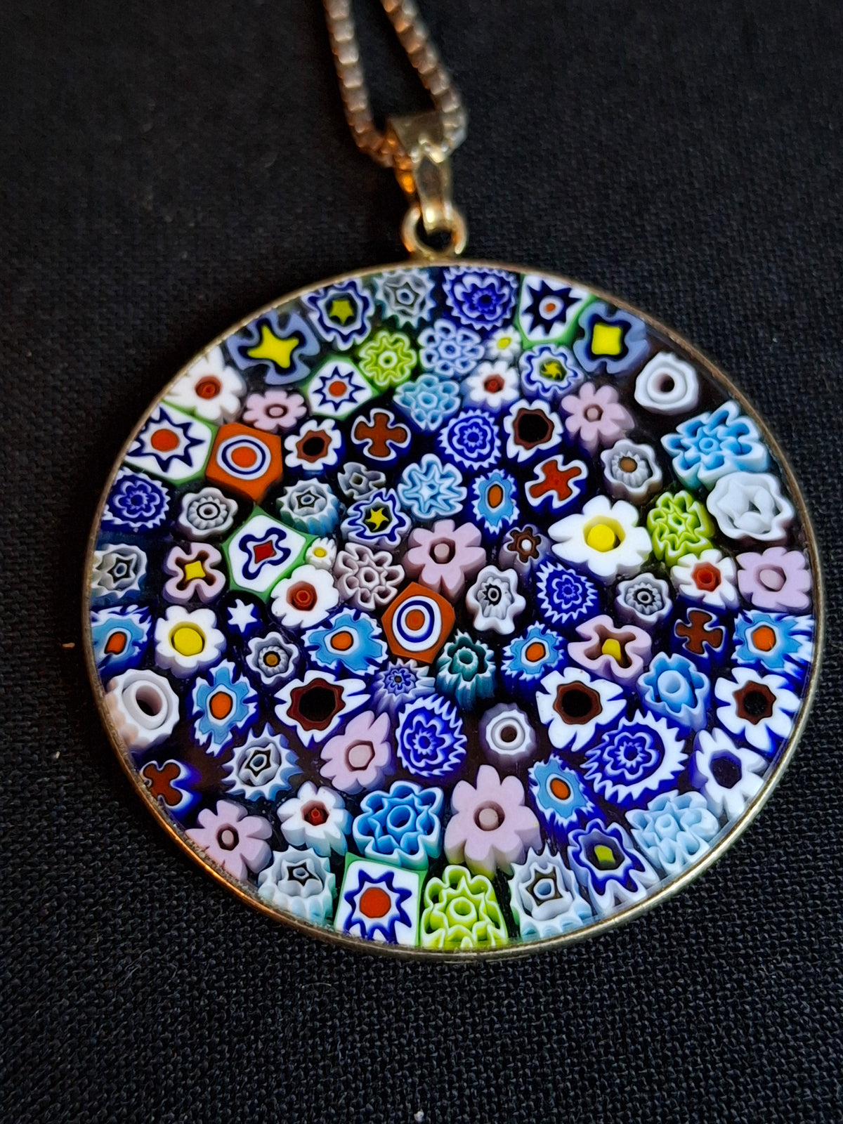 Vintage Venetian Murano Glass Millefiori Magen David Pendant 925 Sterling Silver Box Chain Necklace Judaica