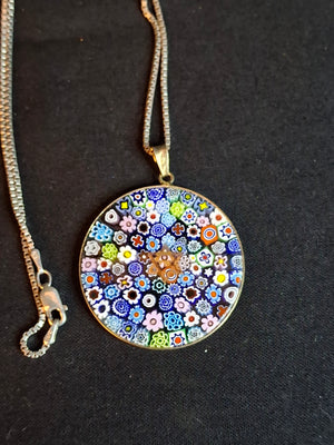 Vintage Venetian Murano Glass Millefiori Magen David Pendant 925 Sterling Silver Box Chain Necklace Judaica