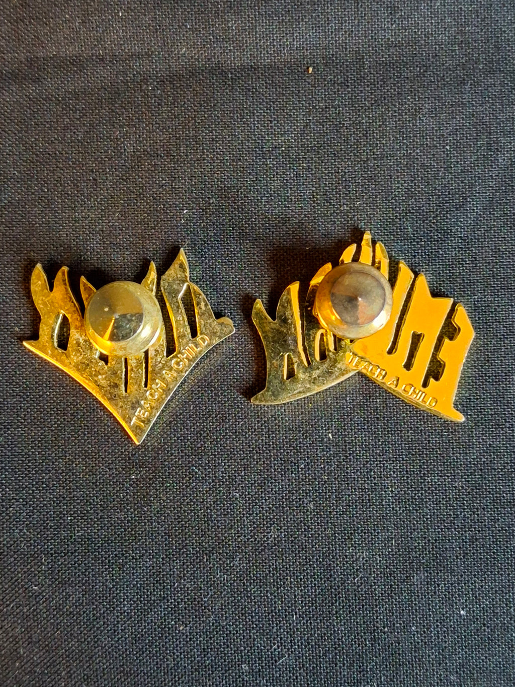 Vintage Emunah Women Lapel Pin Set Hebrew English Teach A Child Flame Pins (Pair)