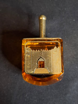 Vintage Amber Crystal Dreidel Jerusalem Landmarks Gold Brass Top Hanukkah Sevivon