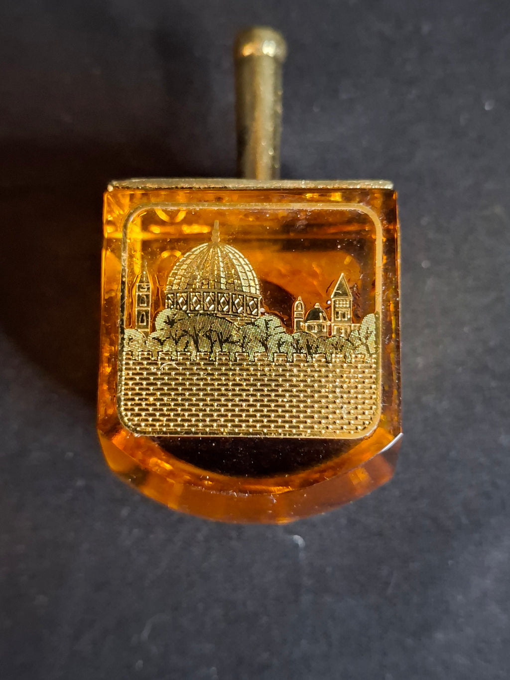Vintage Amber Crystal Dreidel Jerusalem Landmarks Gold Brass Top Hanukkah Sevivon