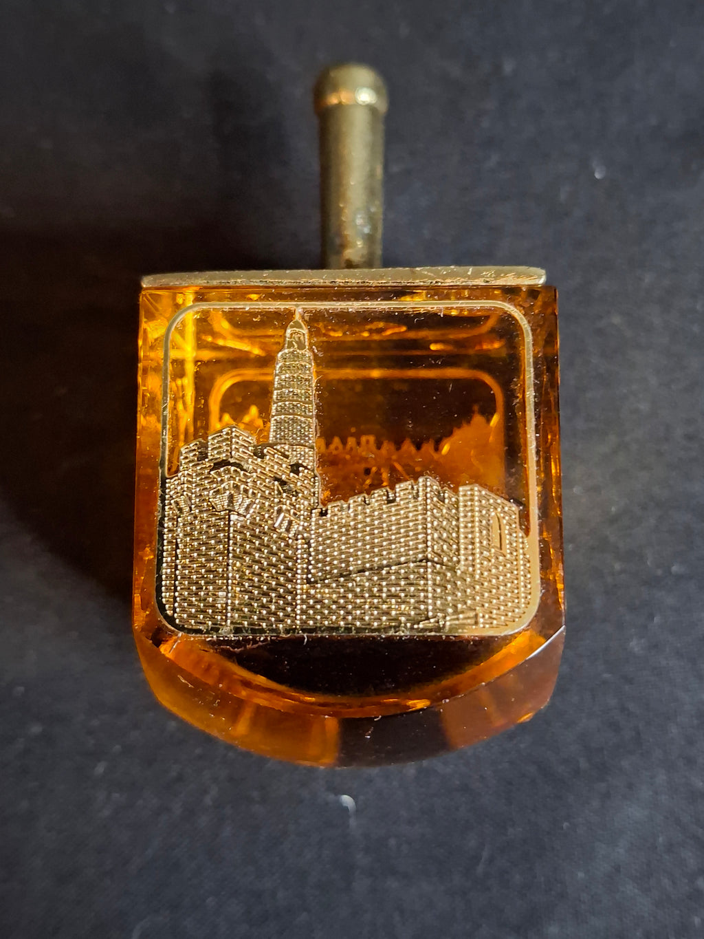 Vintage Amber Crystal Dreidel Jerusalem Landmarks Gold Brass Top Hanukkah Sevivon