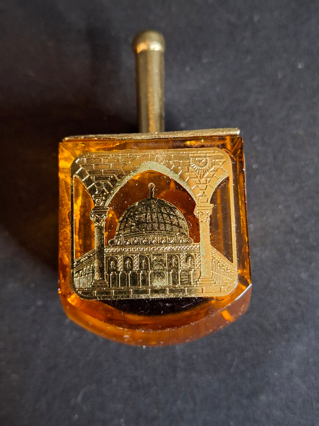 Vintage Amber Crystal Dreidel Jerusalem Landmarks Gold Brass Top Hanukkah Sevivon