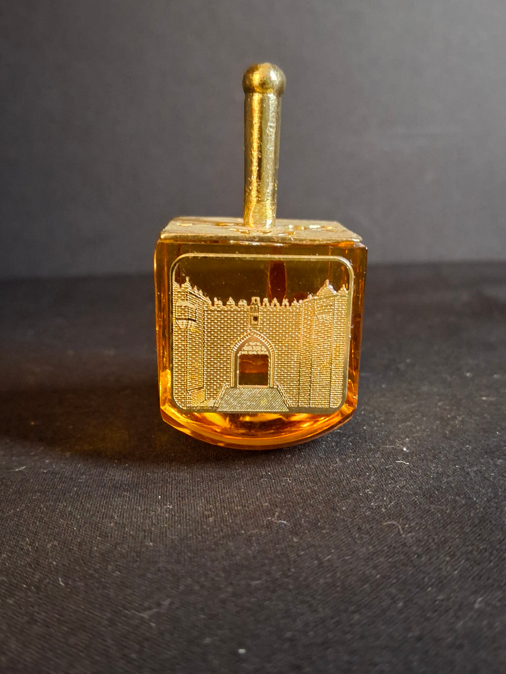 Vintage Amber Crystal Dreidel Jerusalem Landmarks Gold Brass Top Hanukkah Sevivon