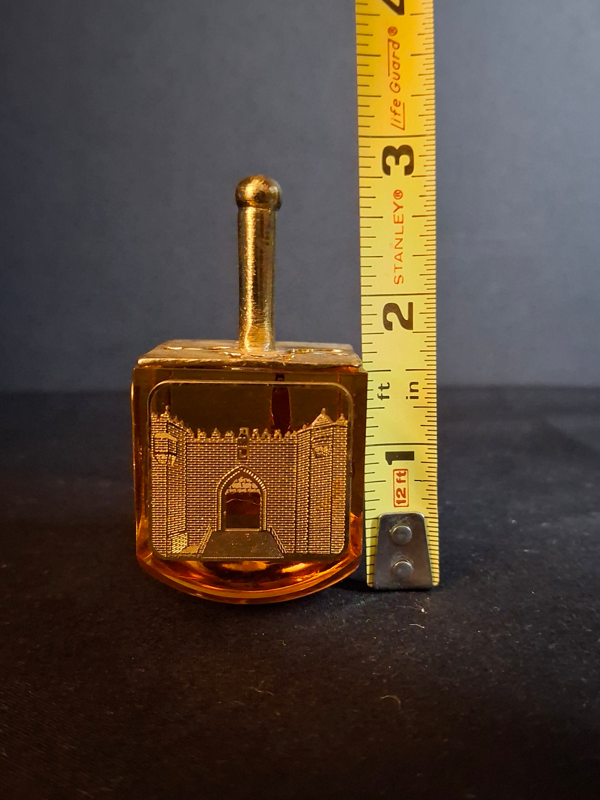 Vintage Amber Crystal Dreidel Jerusalem Landmarks Gold Brass Top Hanukkah Sevivon