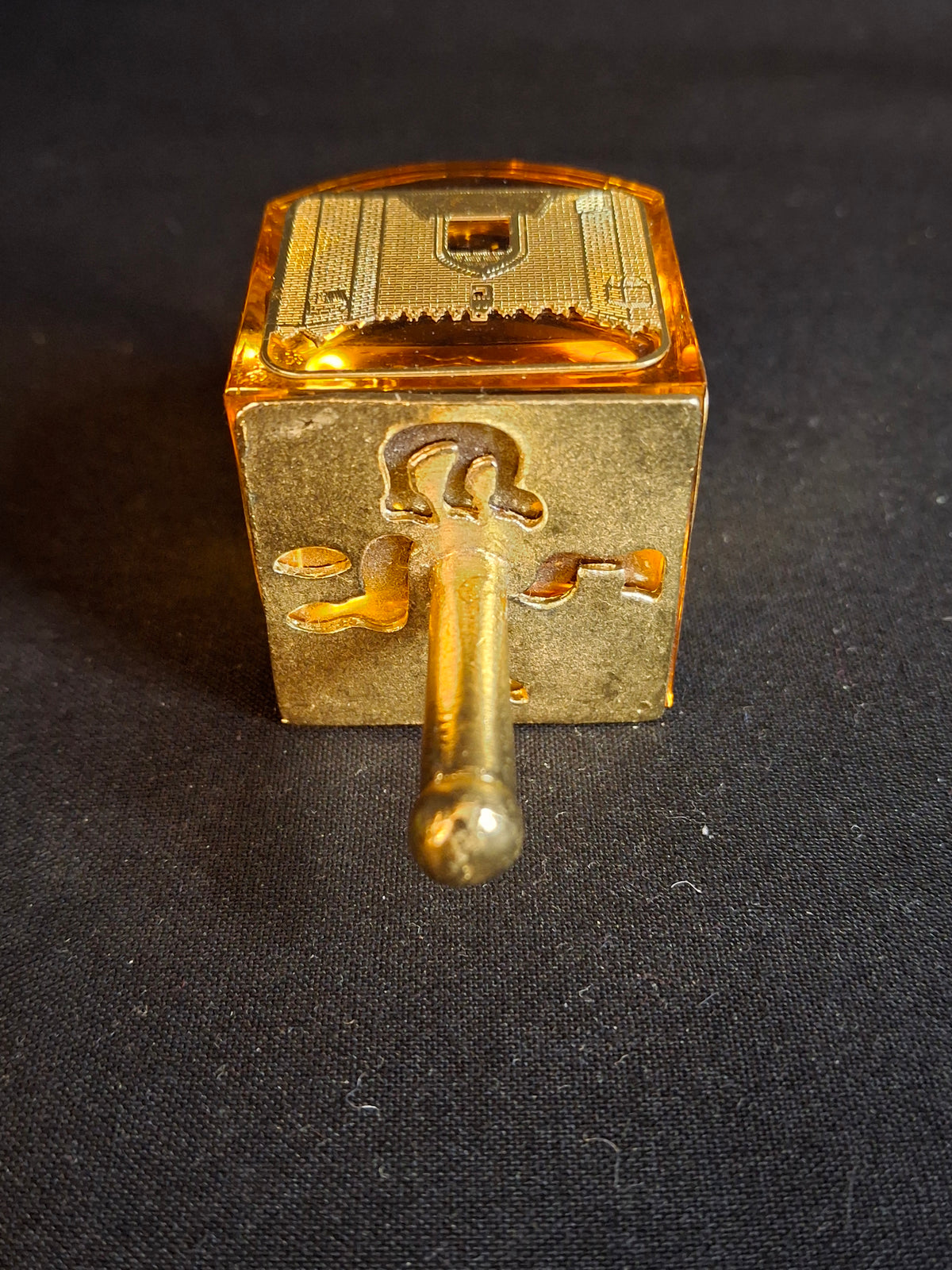 Vintage Amber Crystal Dreidel Jerusalem Landmarks Gold Brass Top Hanukkah Sevivon