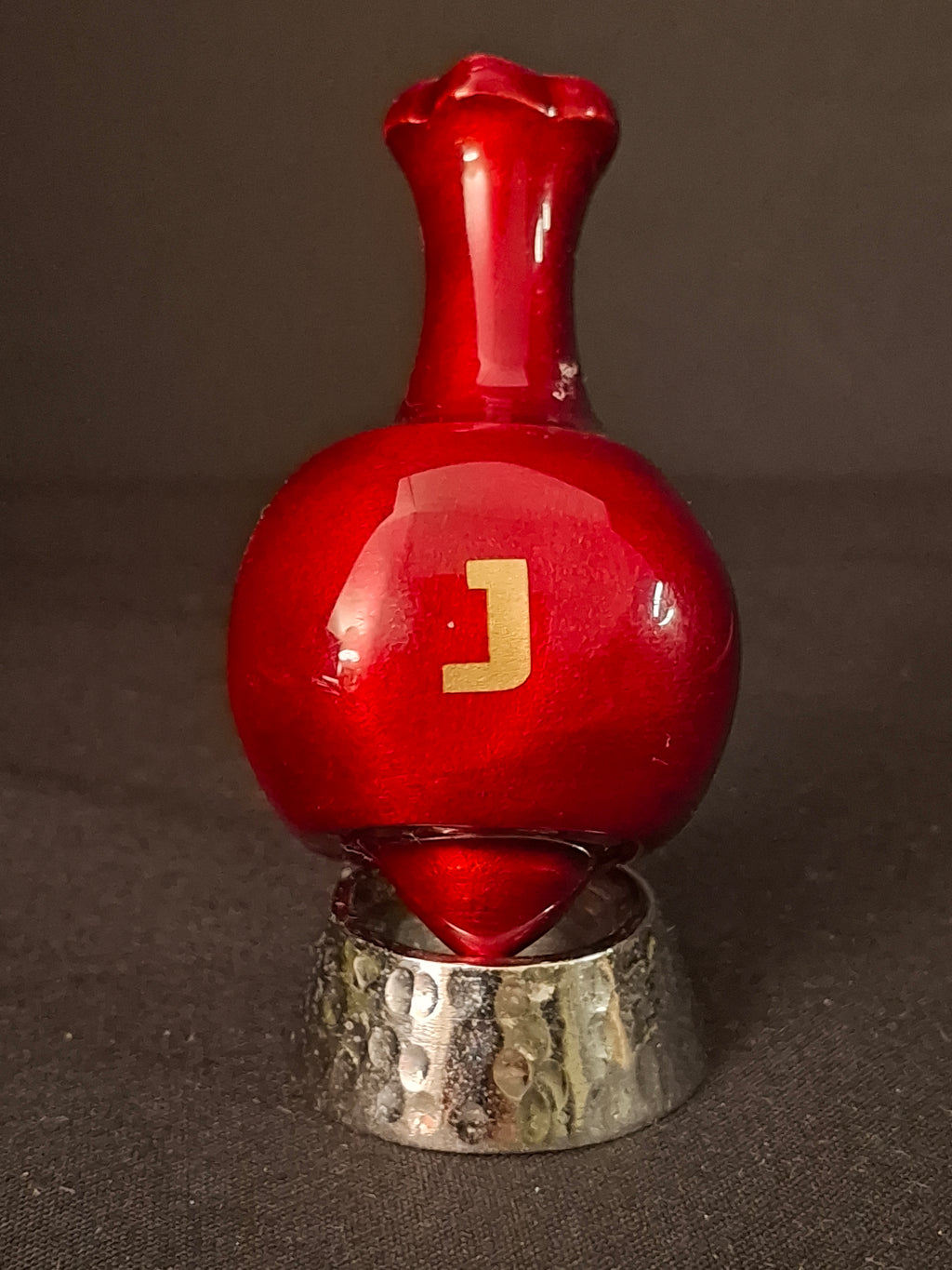 Modern Enamel Pomegranate Dreidel Sevivon Solid Metal Gilt Hebrew Letters Base Stand