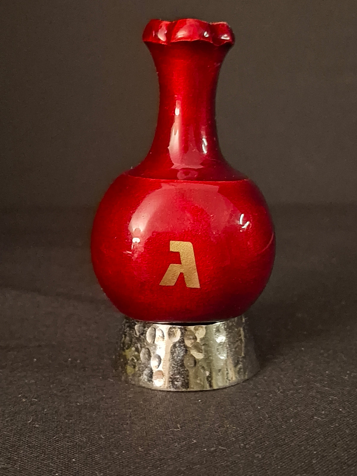 Modern Enamel Pomegranate Dreidel Sevivon Solid Metal Gilt Hebrew Letters Base Stand