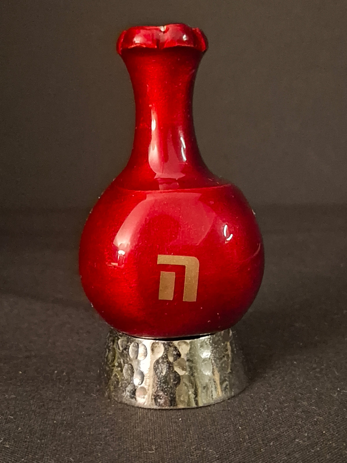 Modern Enamel Pomegranate Dreidel Sevivon Solid Metal Gilt Hebrew Letters Base Stand