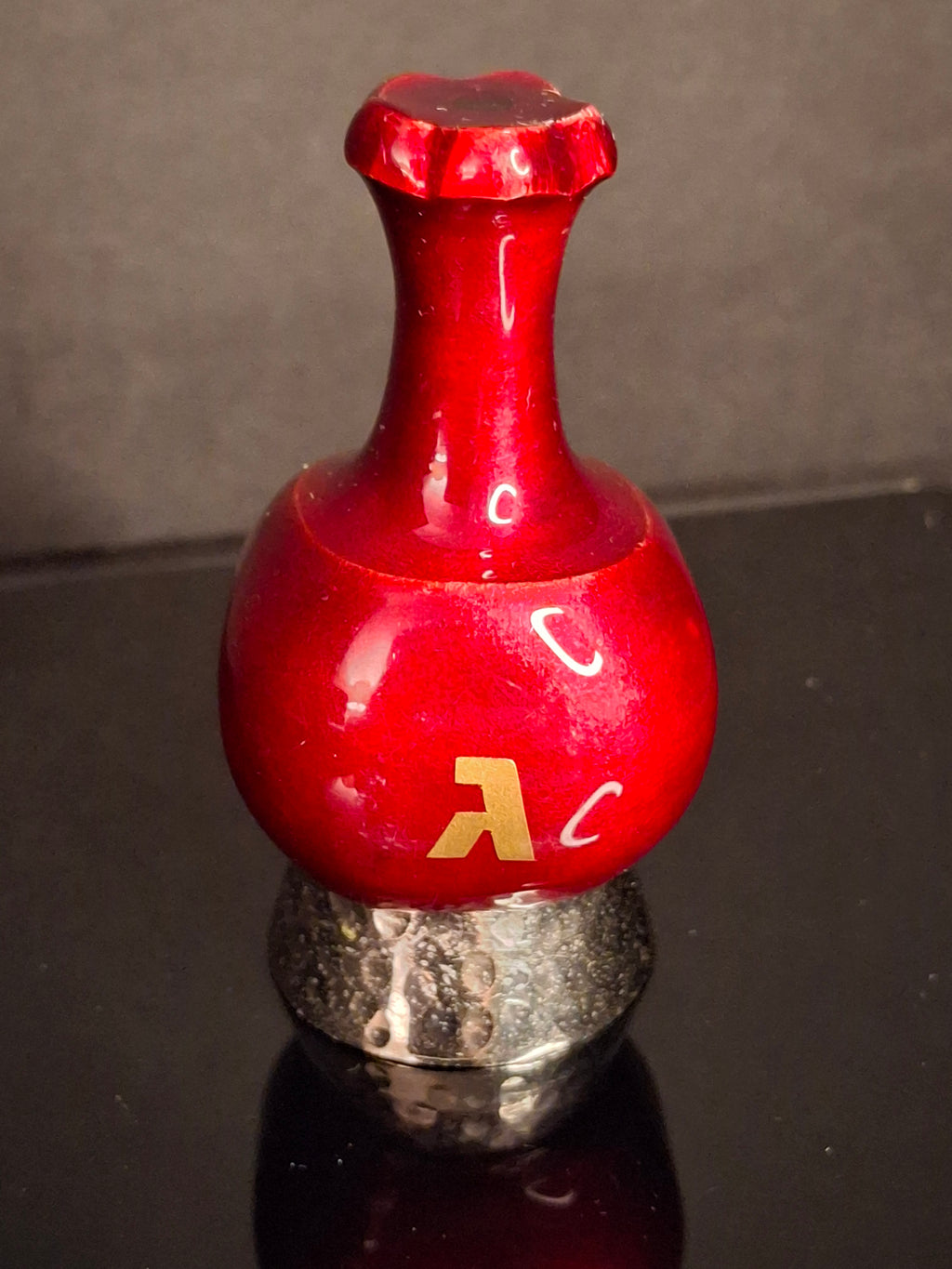 Modern Enamel Pomegranate Dreidel Sevivon Solid Metal Gilt Hebrew Letters Base Stand