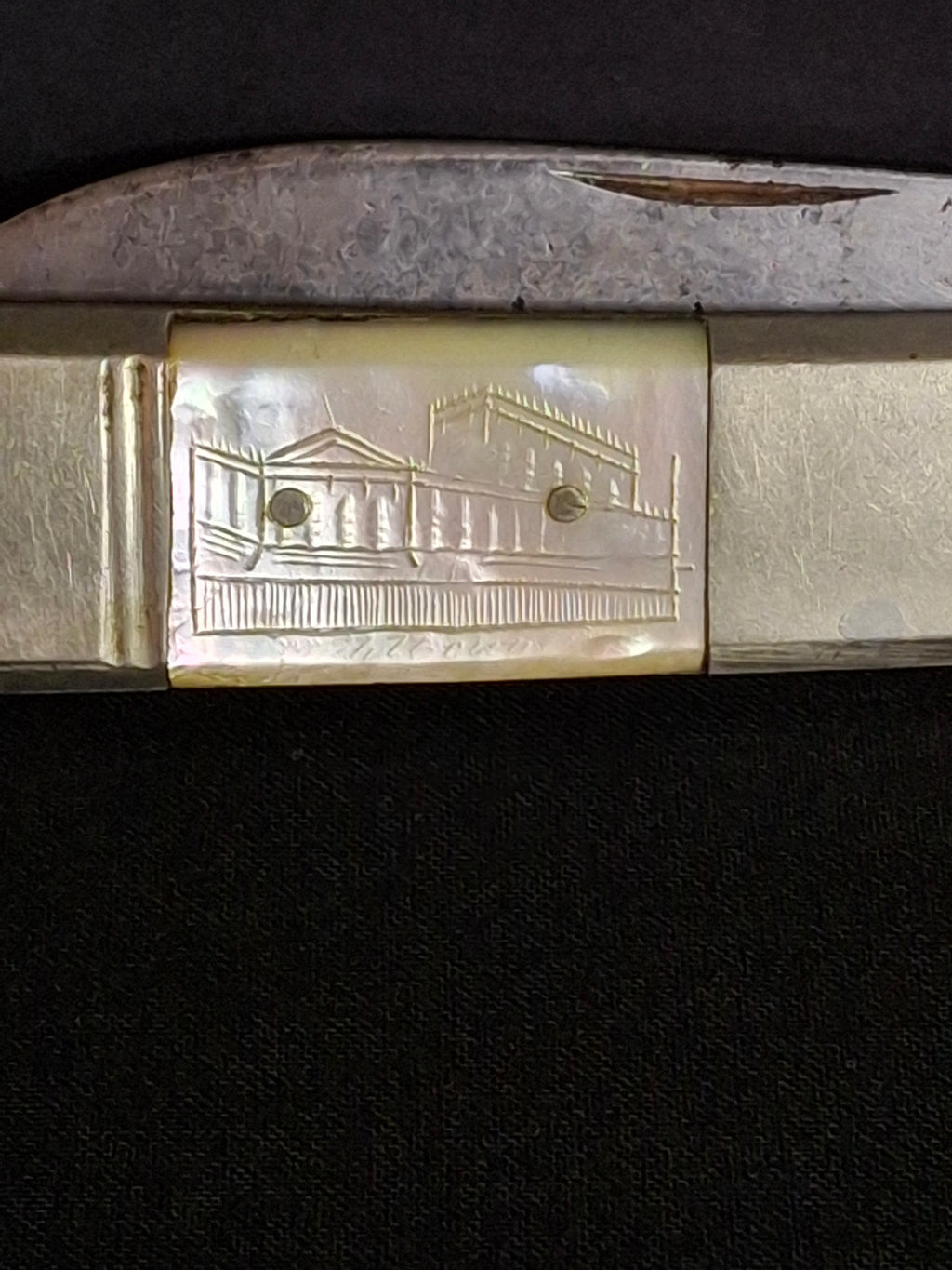 Rare Antique Mother of Pearl Folding Shabbat Challah Knife Karlsbad Judaica Jerusalem Temple Engraved