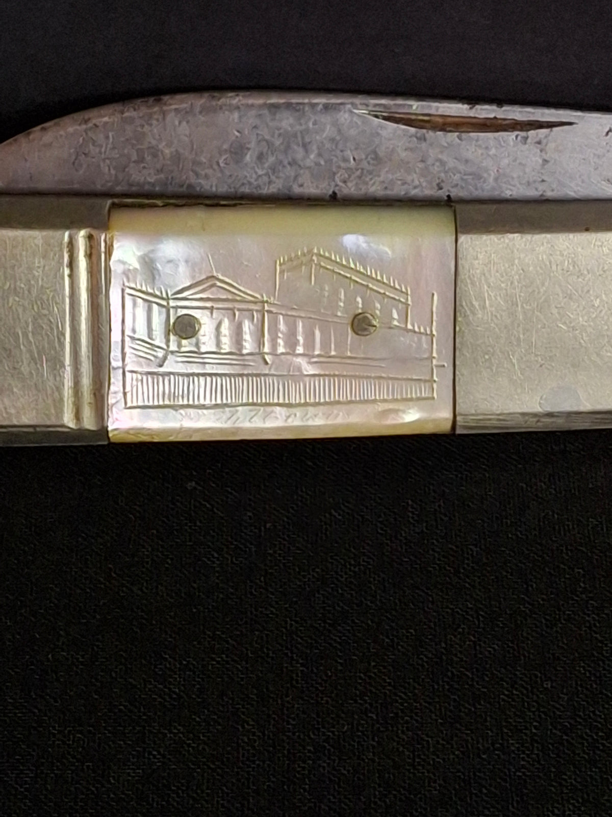Rare Antique Mother of Pearl Folding Shabbat Challah Knife Karlsbad Judaica Jerusalem Temple Engraved