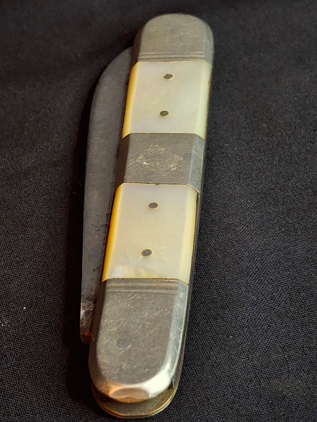 Rare Antique Mother of Pearl Folding Shabbat Challah Knife Karlsbad Judaica Jerusalem Temple Engraved