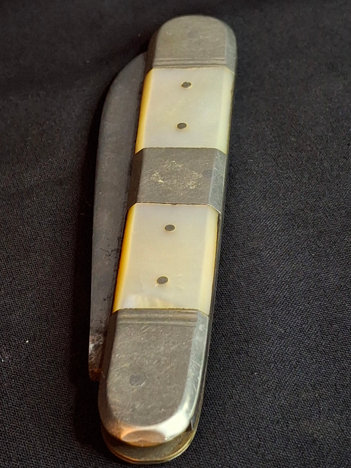 Rare Antique Mother of Pearl Folding Shabbat Challah Knife Karlsbad Judaica Jerusalem Temple Engraved