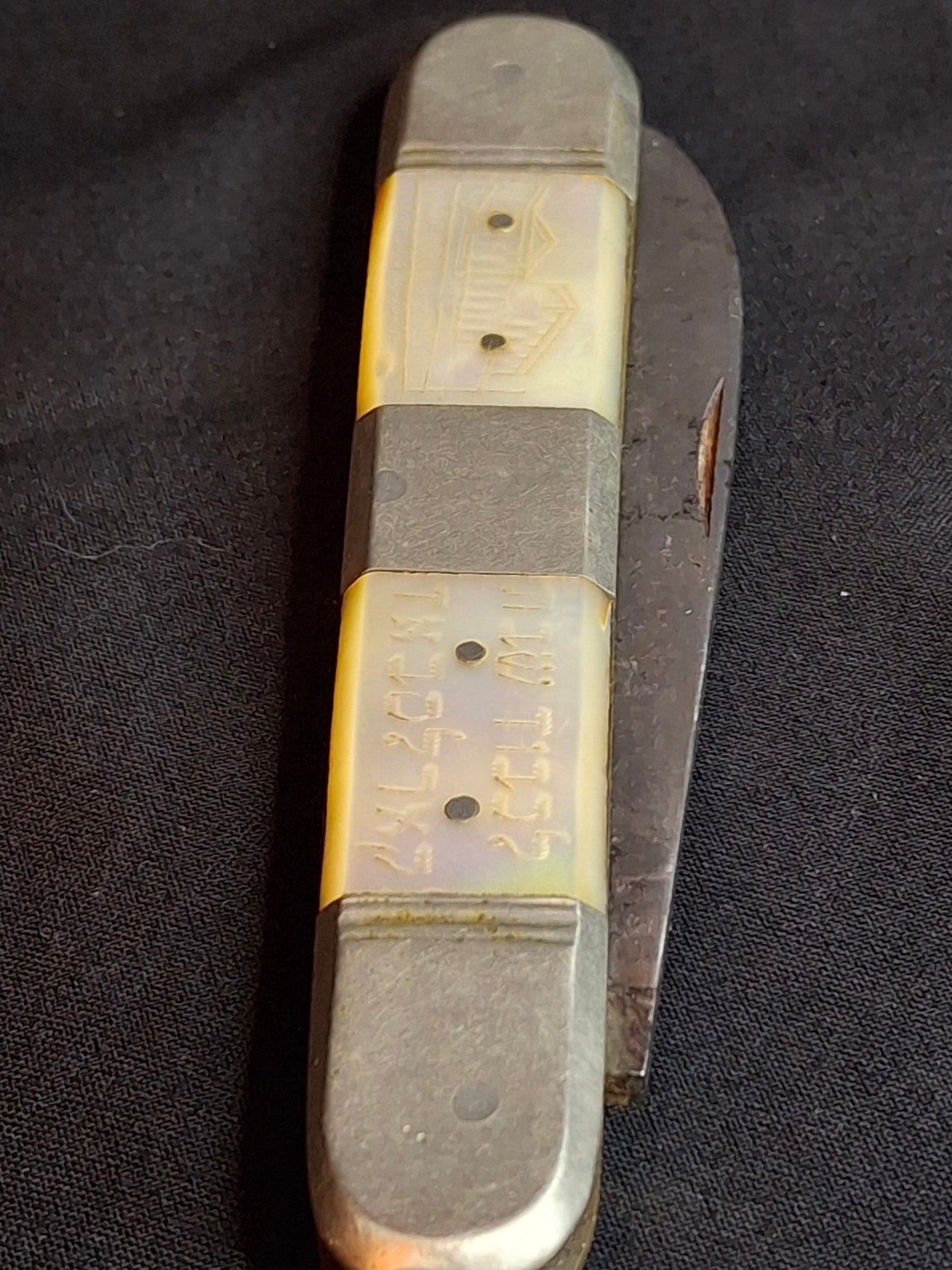 Rare Antique Mother of Pearl Folding Shabbat Challah Knife Karlsbad Judaica Jerusalem Temple Engraved