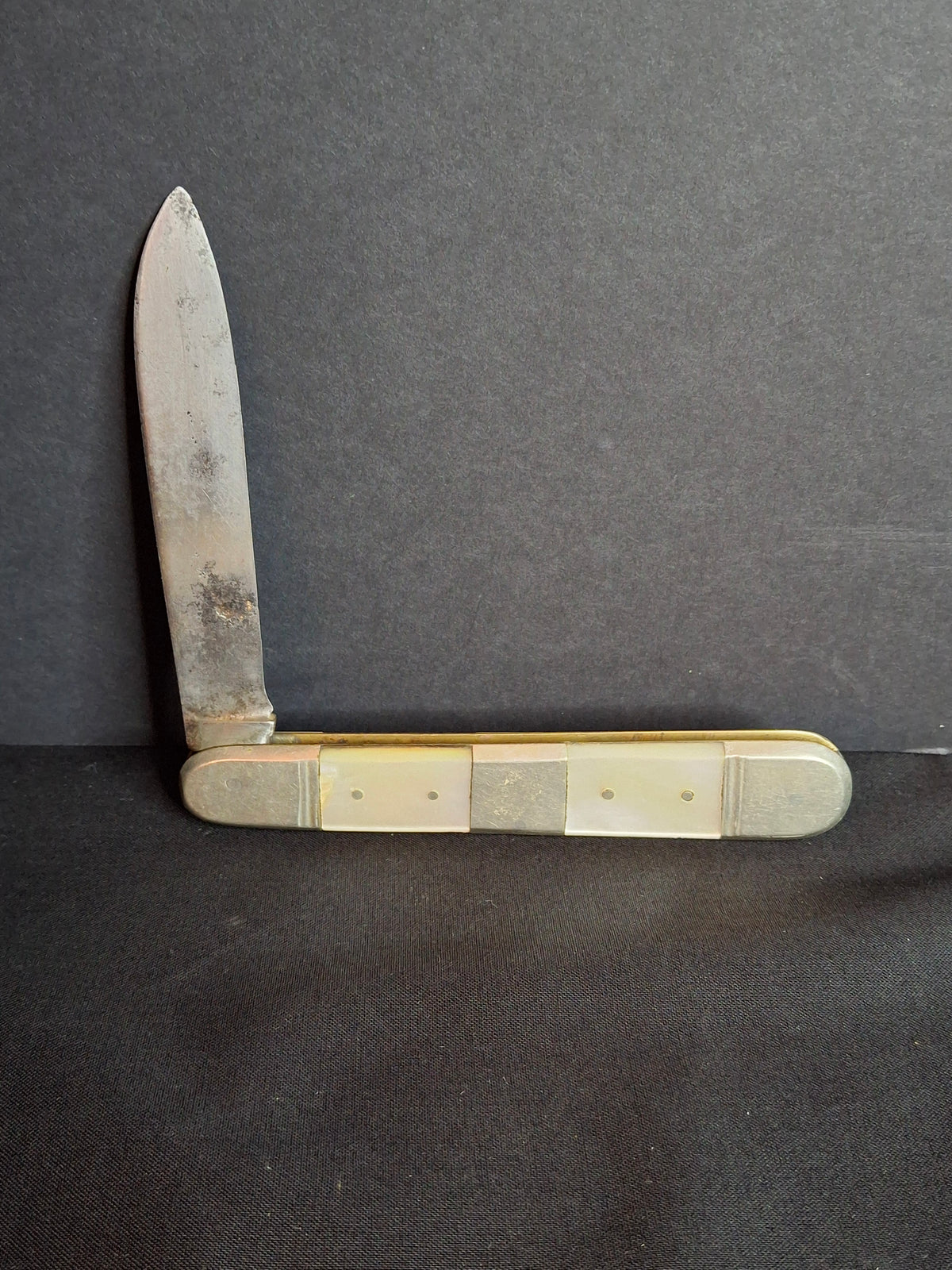 Rare Antique Mother of Pearl Folding Shabbat Challah Knife Karlsbad Judaica Jerusalem Temple Engraved