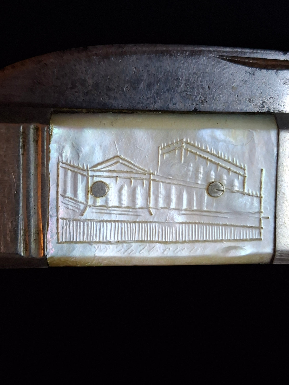 Rare Antique Mother of Pearl Folding Shabbat Challah Knife Karlsbad Judaica Jerusalem Temple Engraved