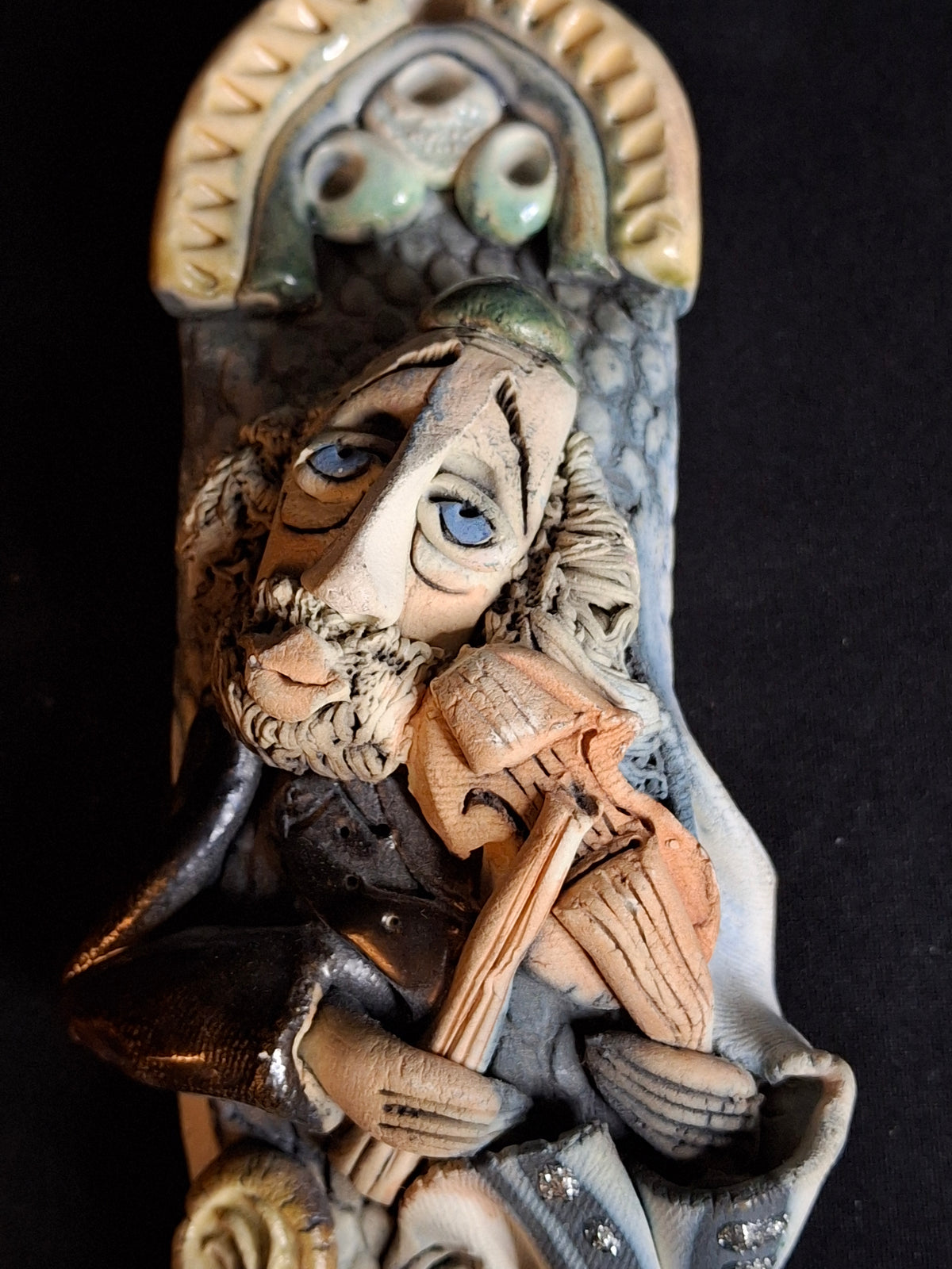 Vintage Israel Lombrozo Studio Ceramic Mezuzah Case Fiddler on Roof Clay Judaica