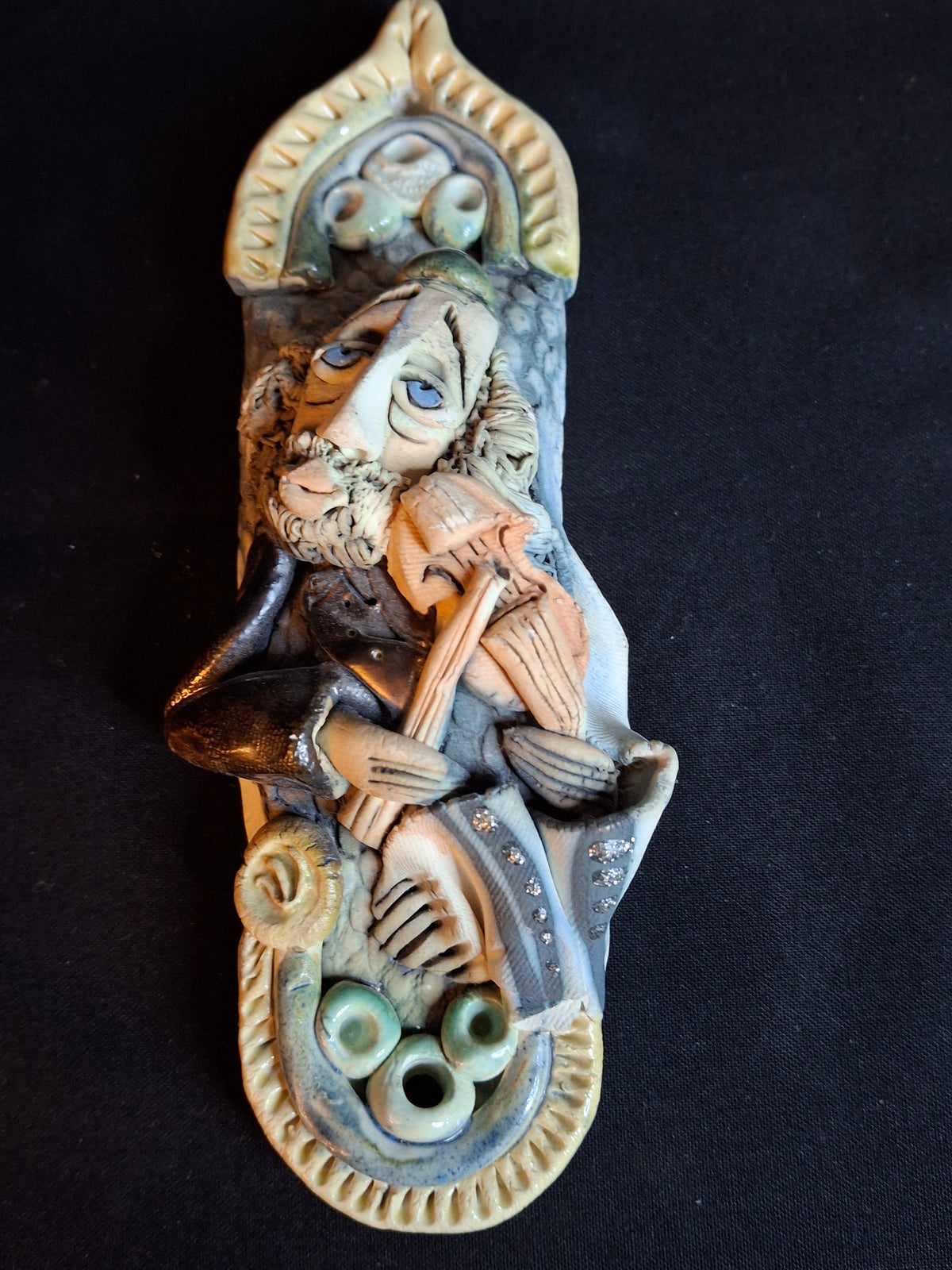 Vintage Israel Lombrozo Studio Ceramic Mezuzah Case Fiddler on Roof Clay Judaica