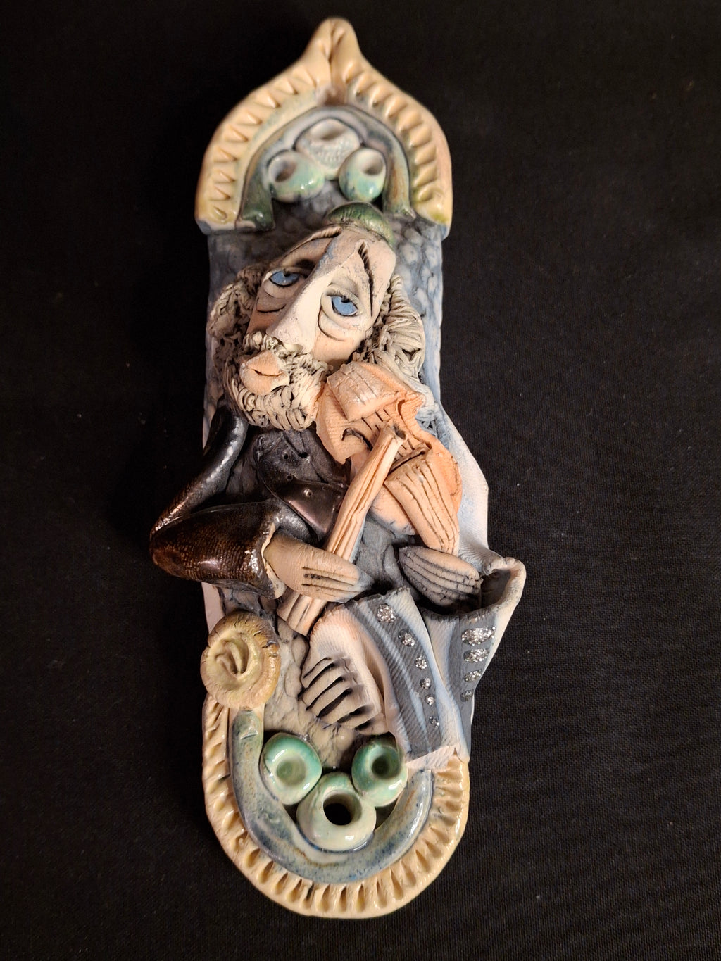 Vintage Israel Lombrozo Studio Ceramic Mezuzah Case Fiddler on Roof Clay Judaica