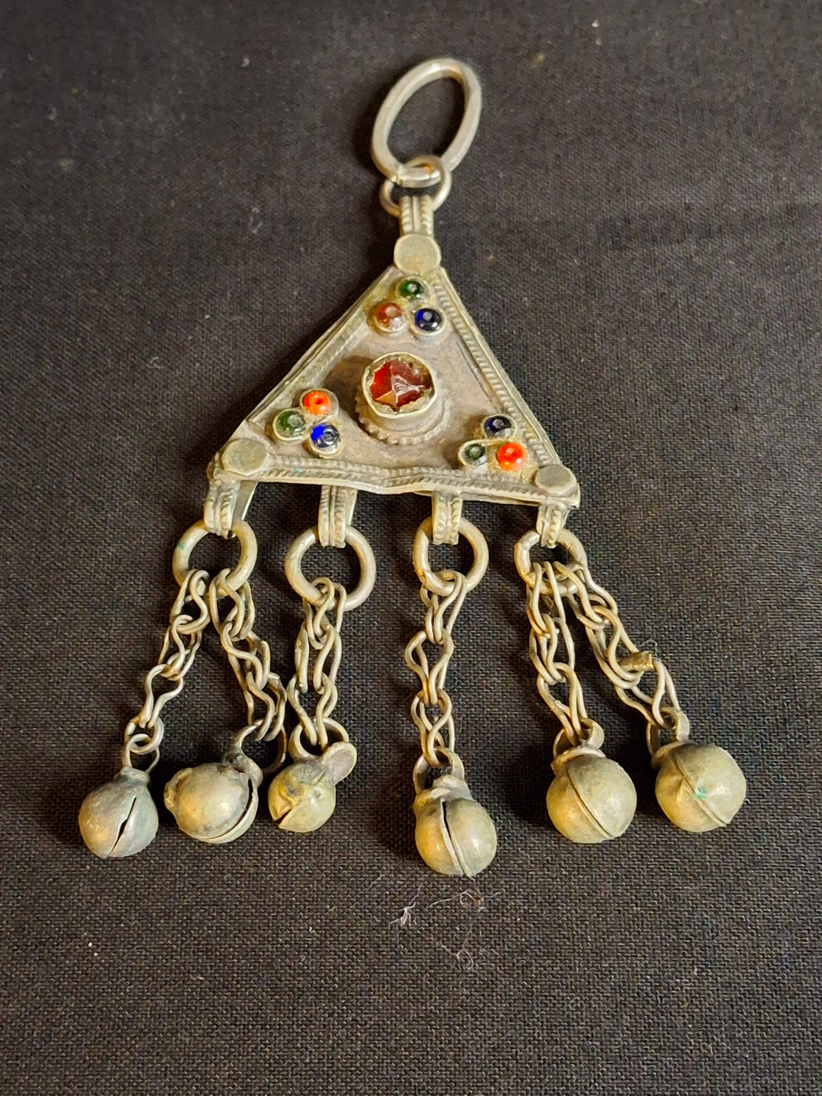 Vintage Sephardic Mizrahi Jewish Silver Amulet Pendant Glass Cabochons Dangles Yemen