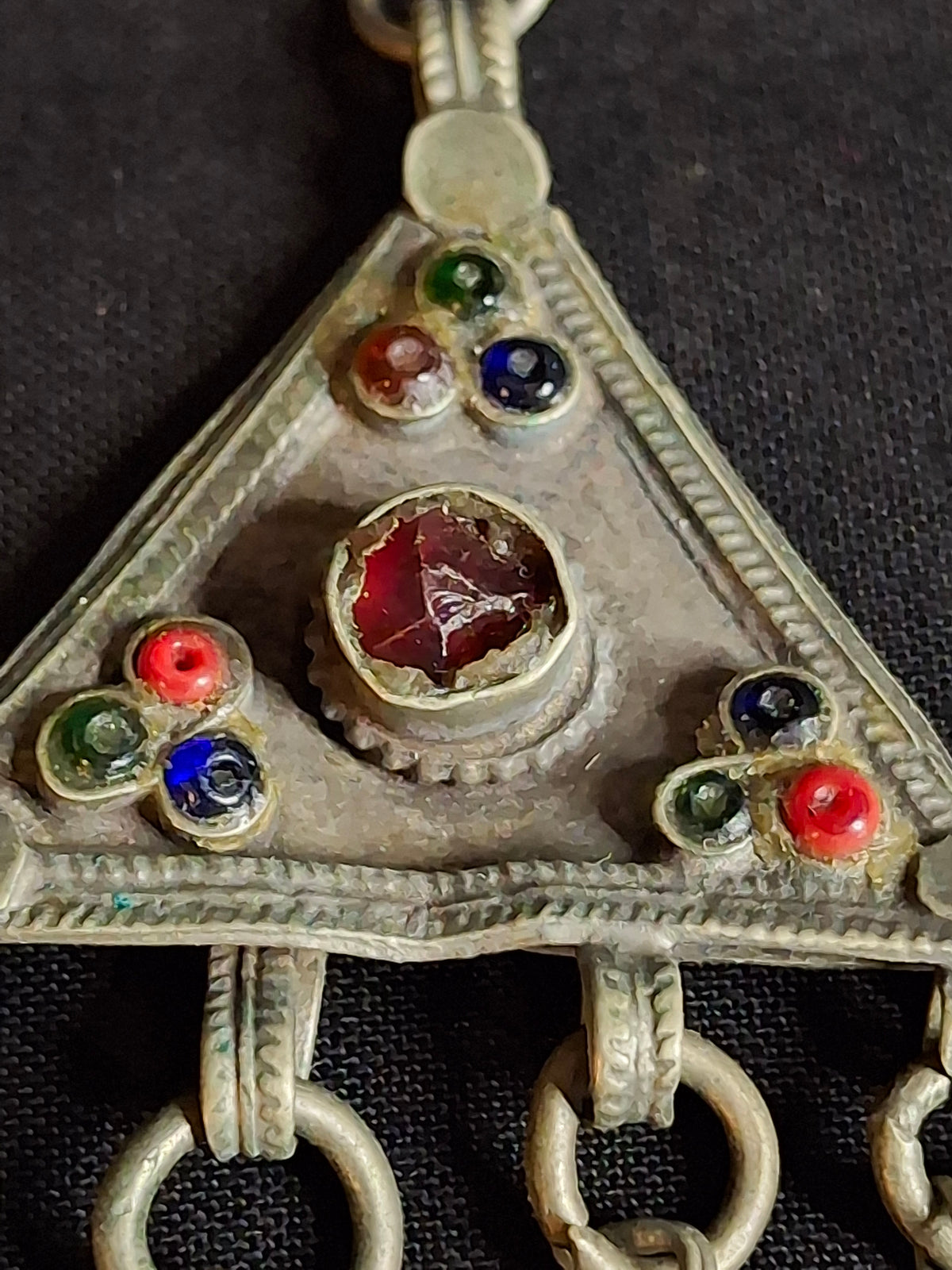 Vintage Sephardic Mizrahi Jewish Silver Amulet Pendant Glass Cabochons Dangles Yemen