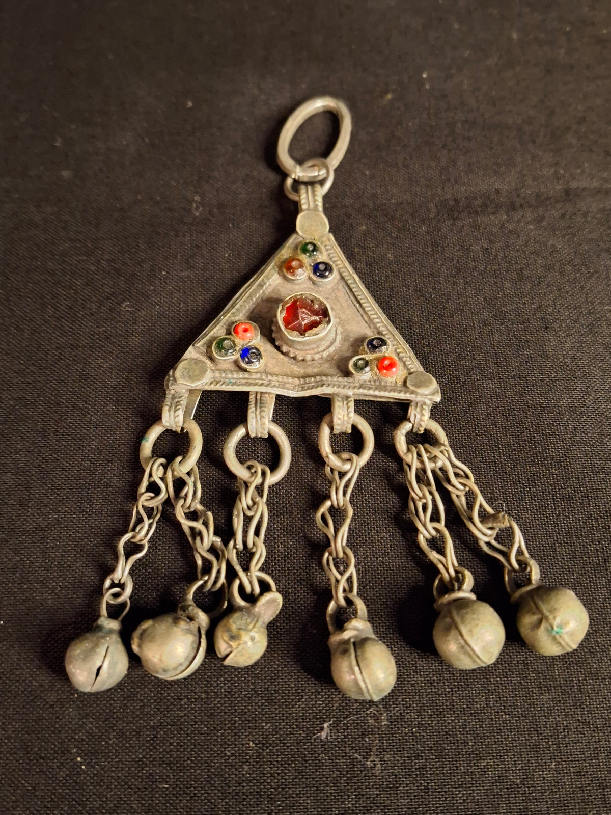 Vintage Sephardic Mizrahi Jewish Silver Amulet Pendant Glass Cabochons Dangles Yemen